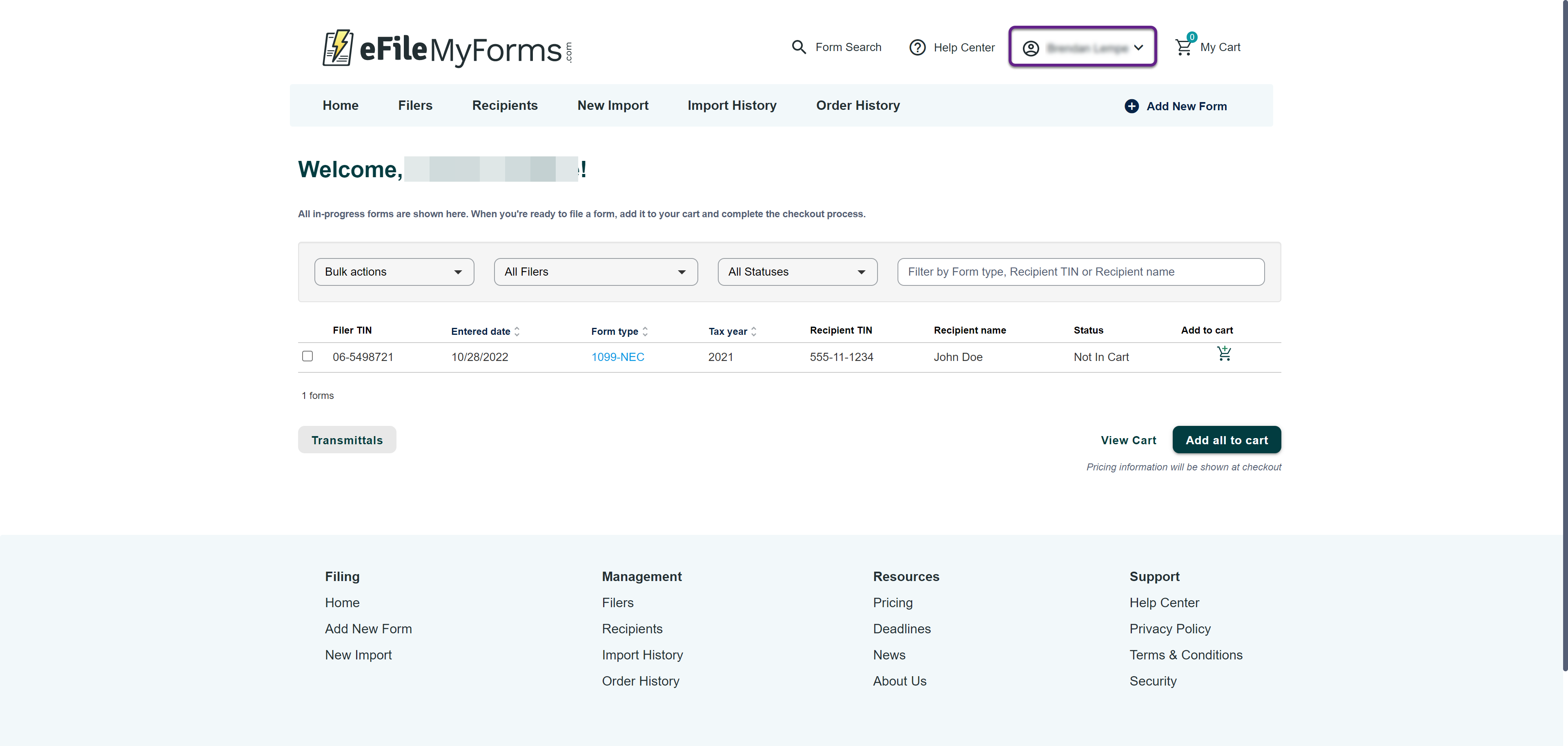 The eFileMyForms 'Welcome' page with a callout on the 'Account' tab.