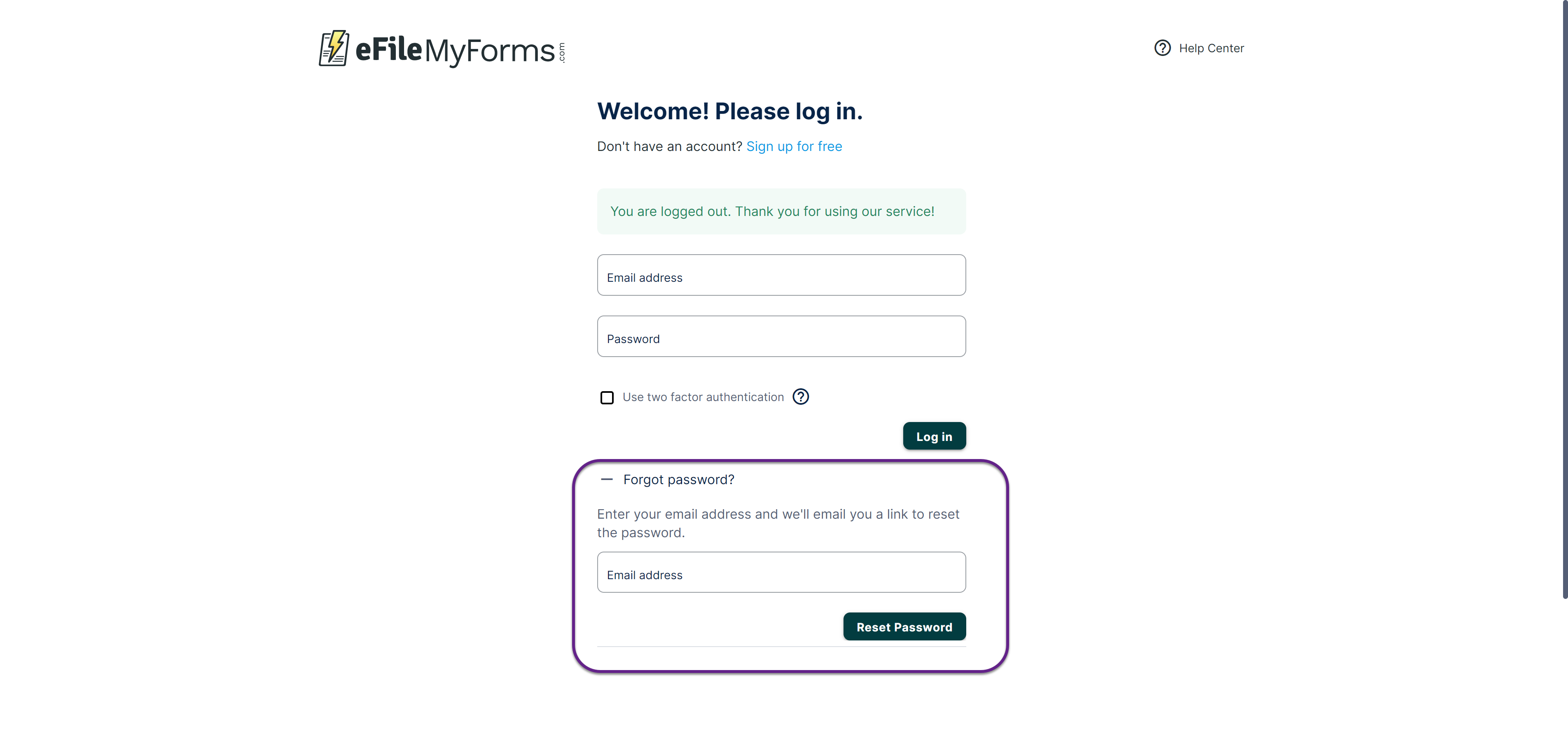 The eFileMyForms login page with a callout on the 'Forgot Password?' section.