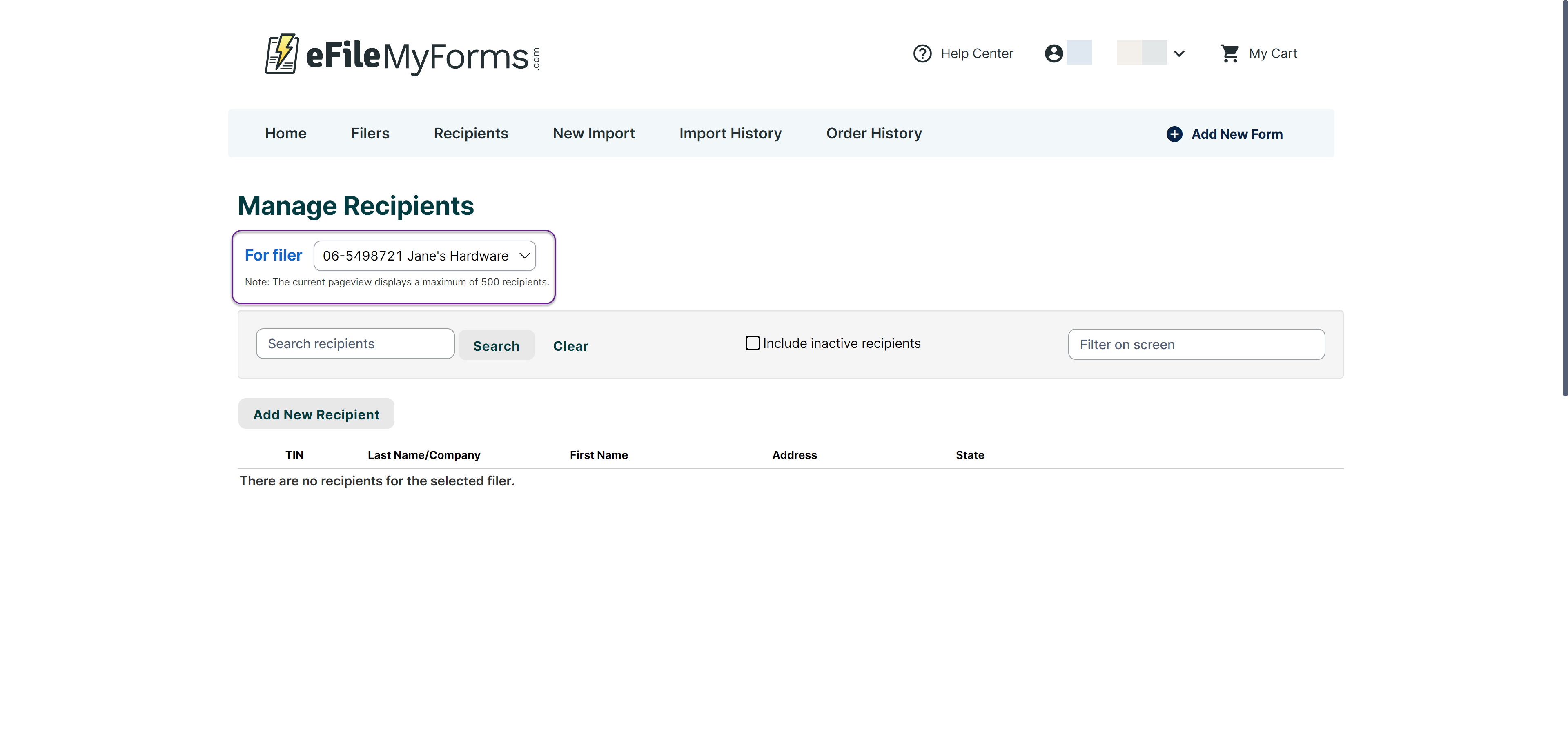 Image of the Manage Recipients page with a callout on the For Filer tab.