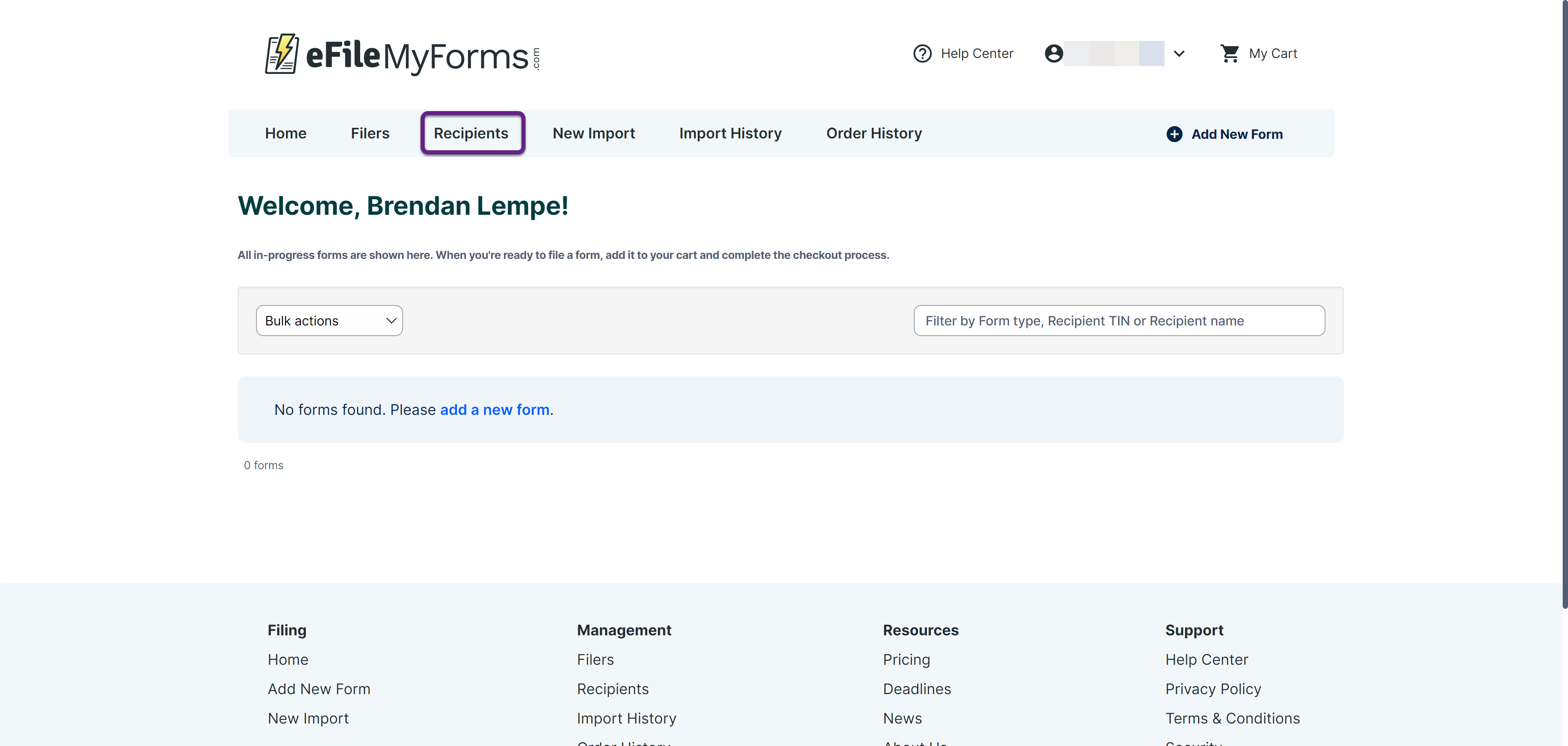 Image of the eFileMyForms home page with a callout on the Recipients button.