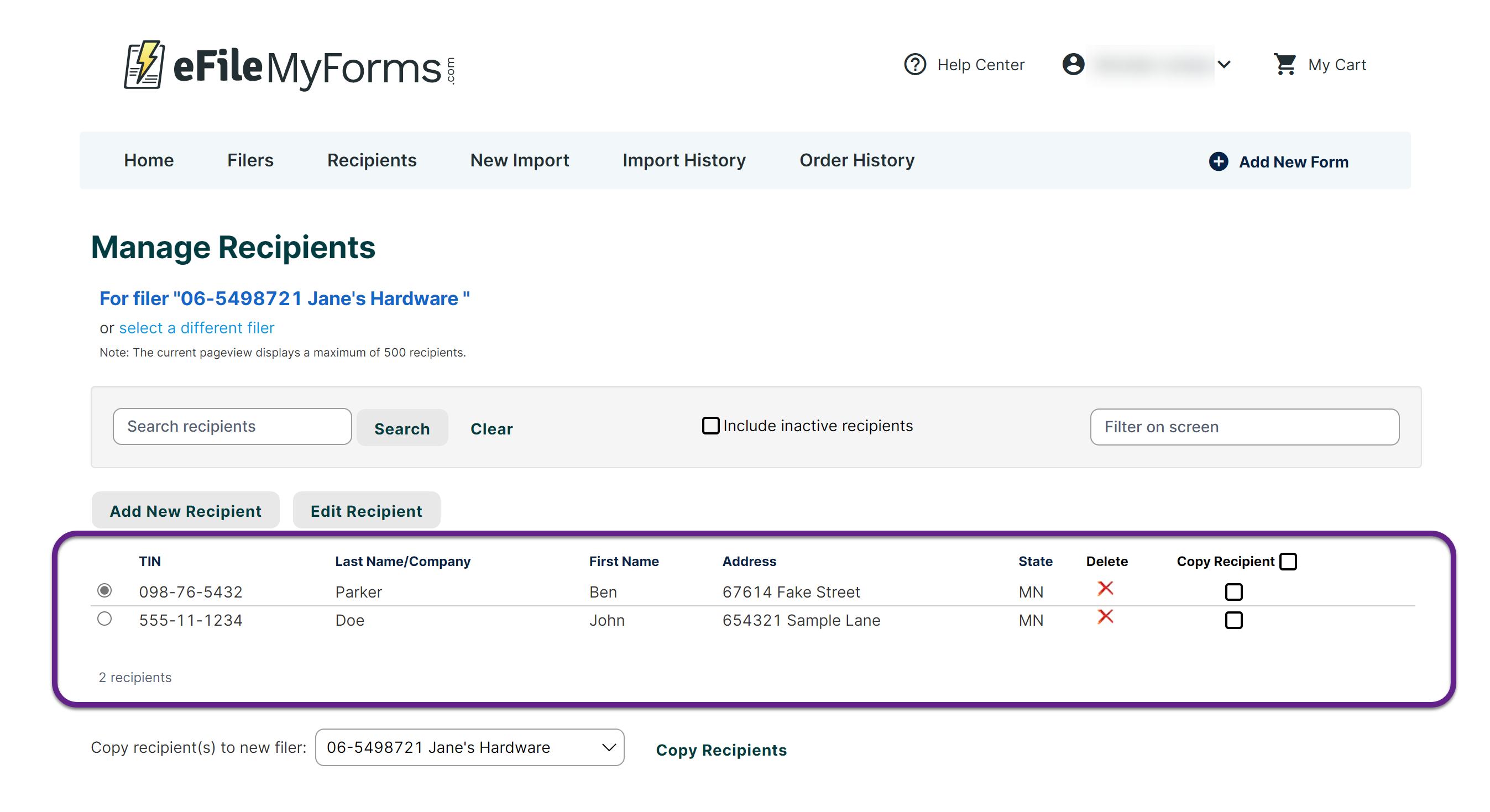 Image of the Manage Recipients page with a callout on the recipient list.