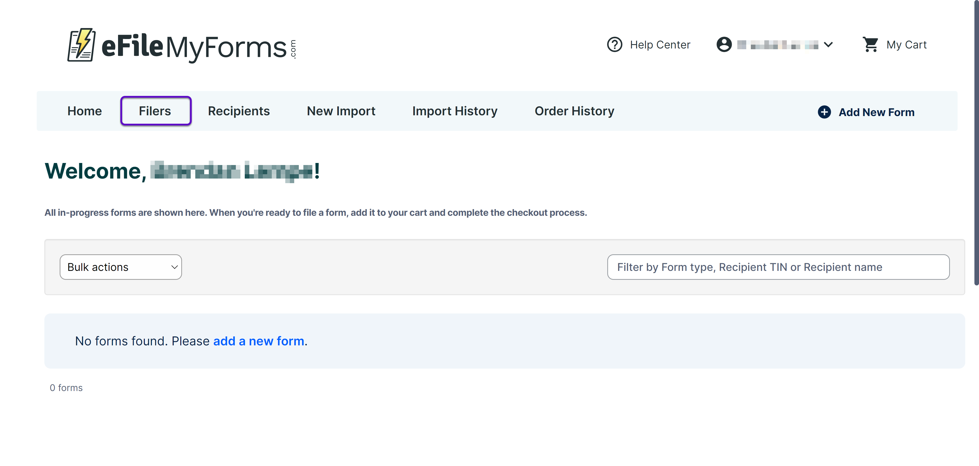 Image of the eFileMyForms home page with a callout on the Filers button.