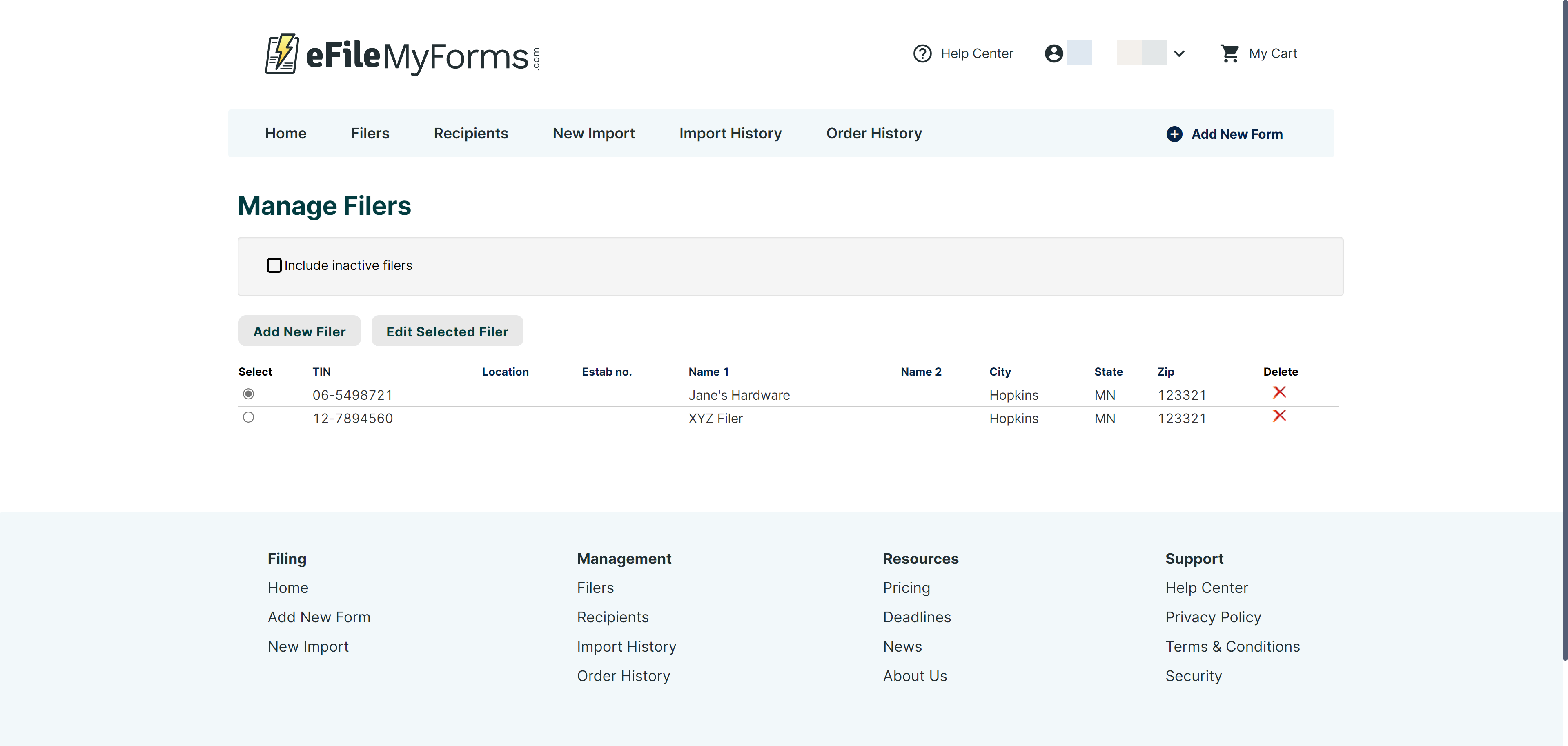 Image of the Manage Filers page.
