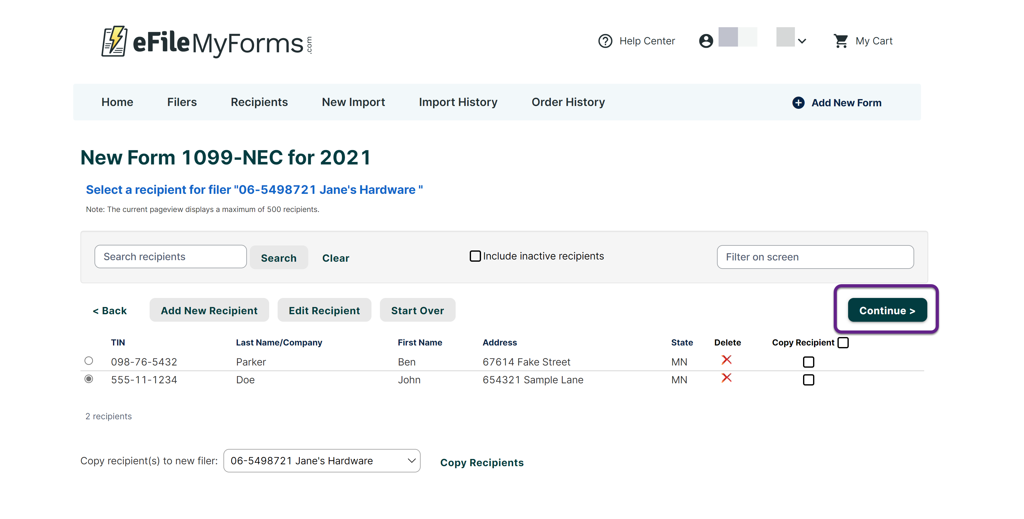 Image of the New Form 1099-NEC for 2021 page with a callout on the Continue button.