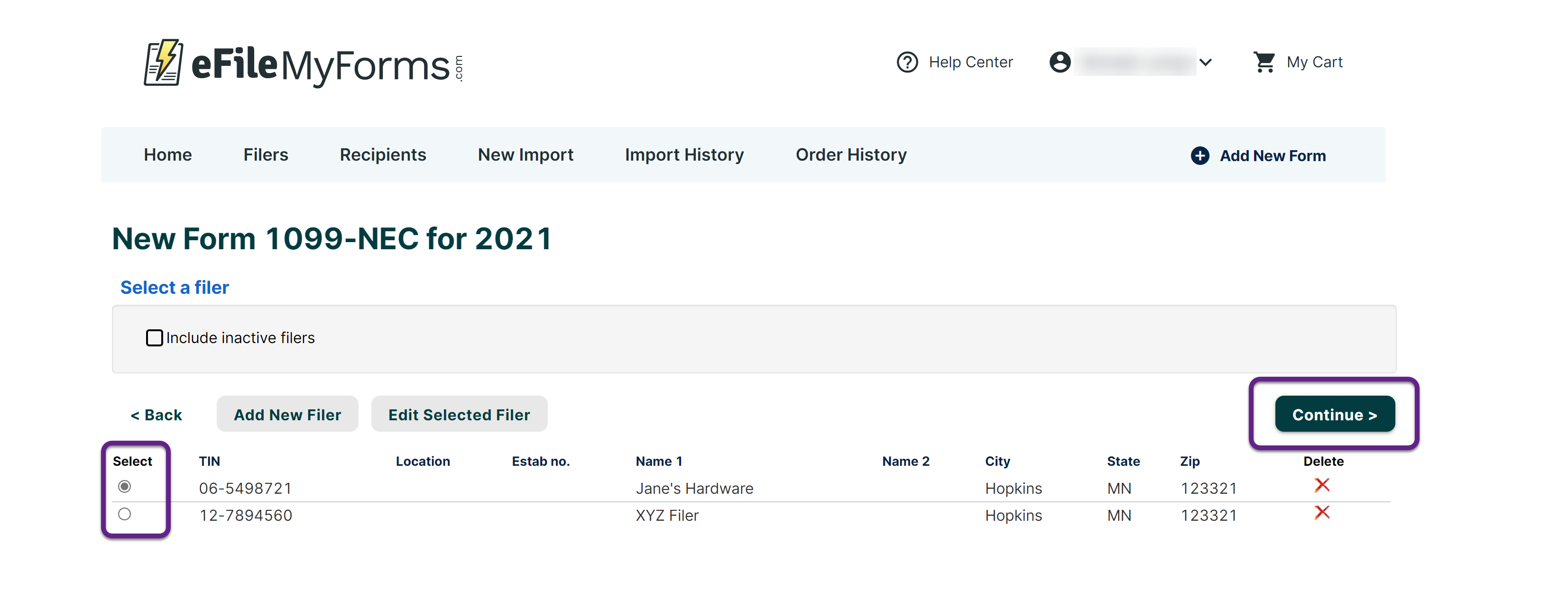 Image of the New Form 1099-NEC for 2021 page with callouts on the Select column and Continue button.