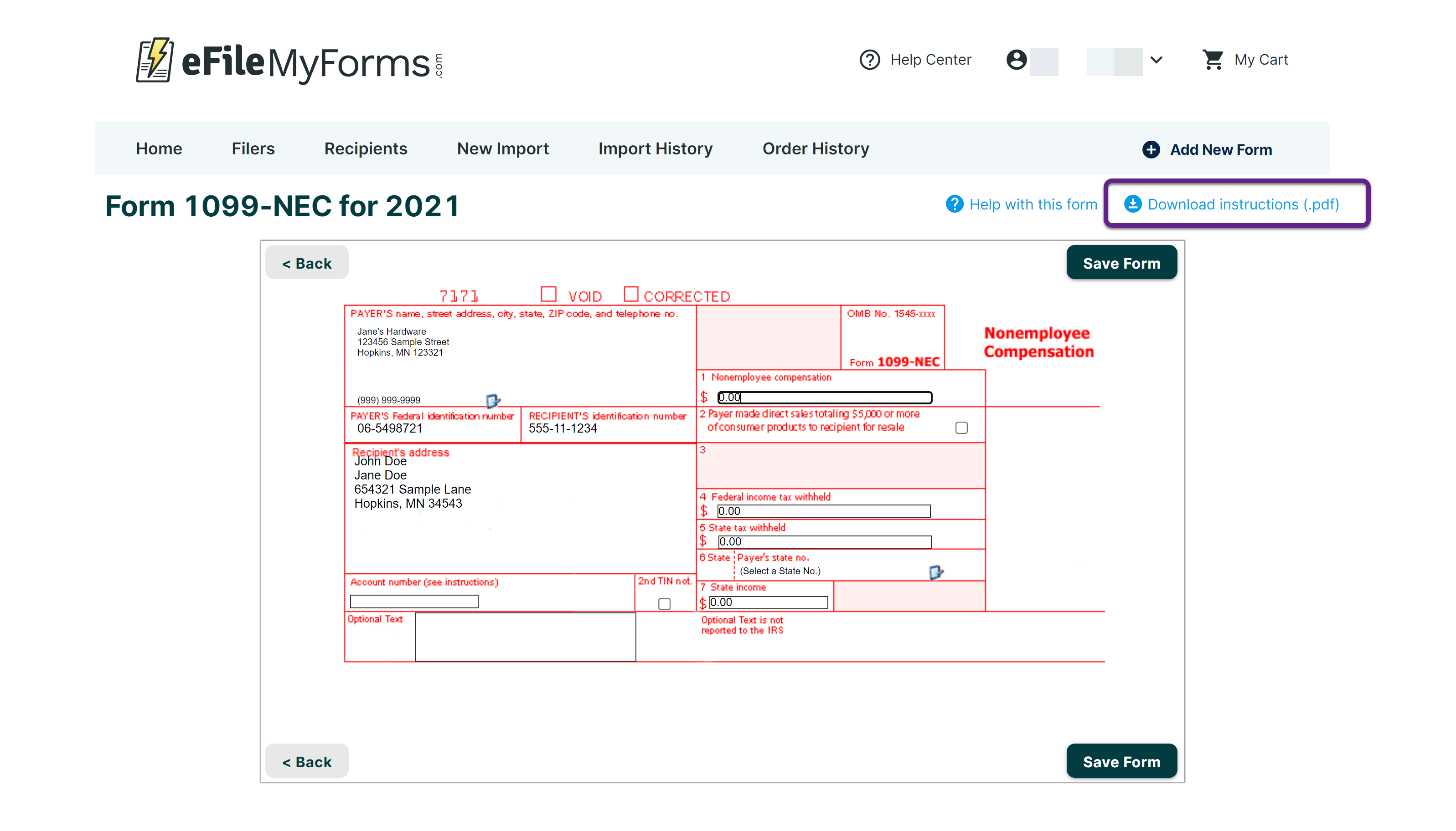 Image of a 1099-NEC for 2021 form with a callout on the Download Instructions (.pdf) link.