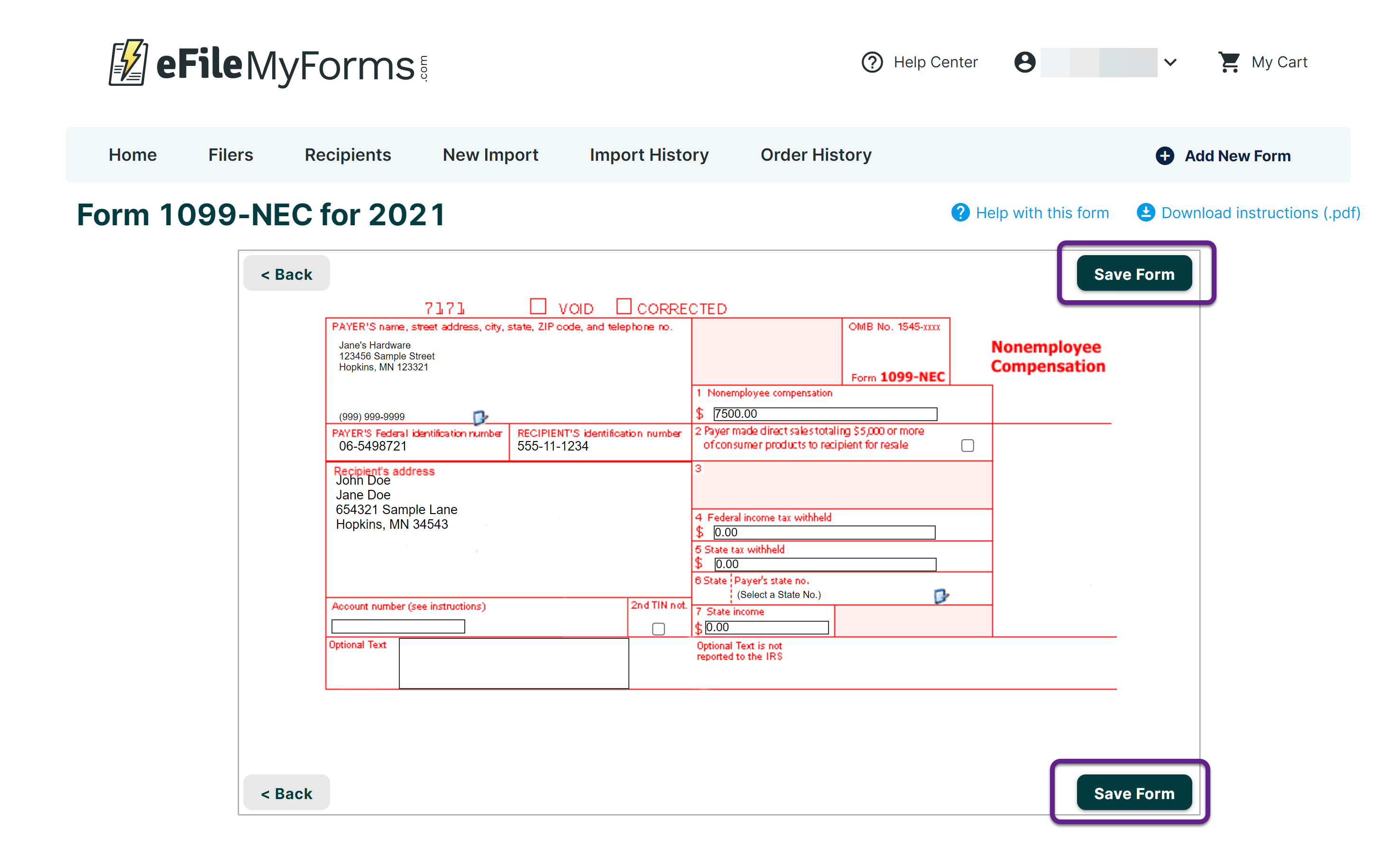 Image of a 1099-NEC for 2021 form with a callout on the Save Form button.