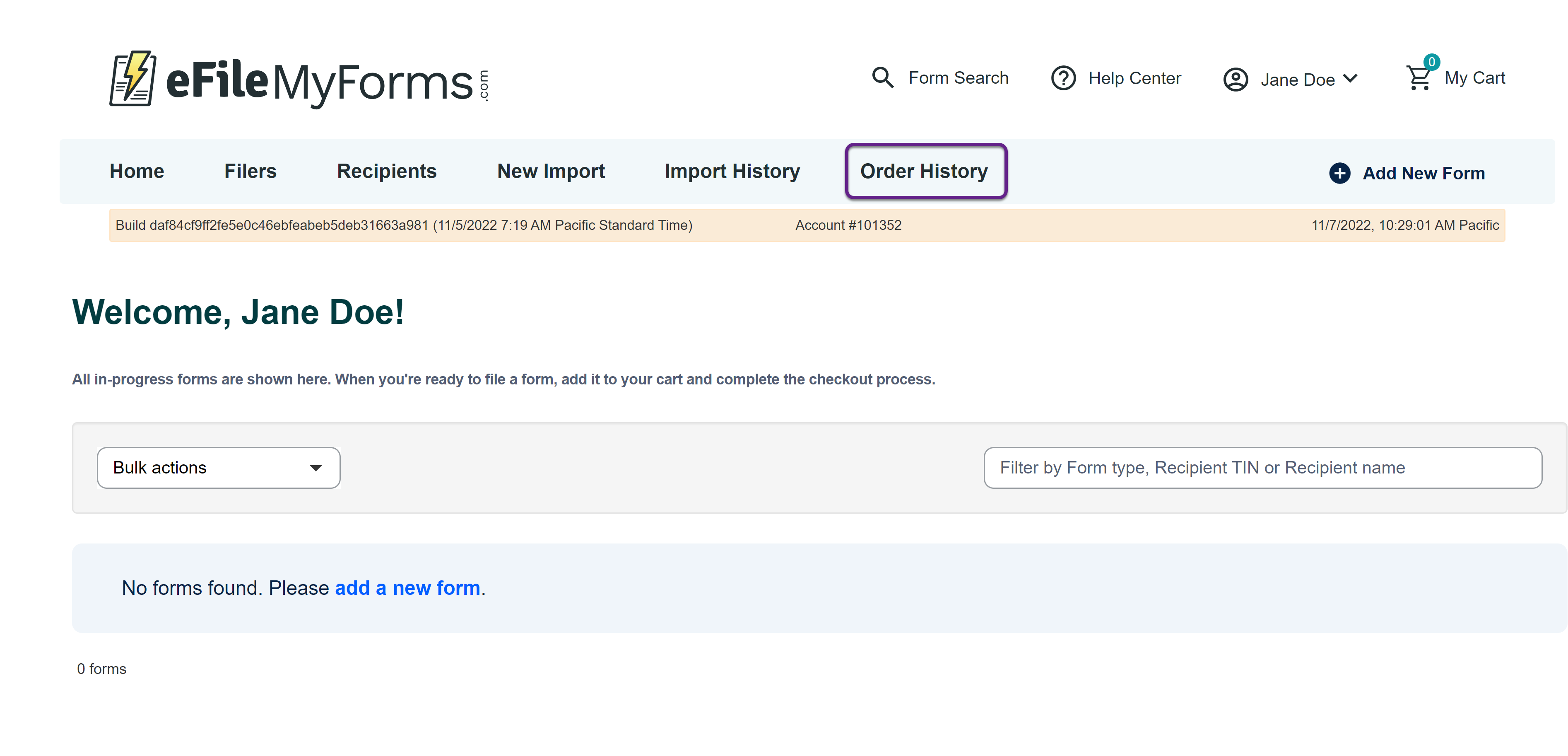 Image of the Home page with a callout on the Order History button.