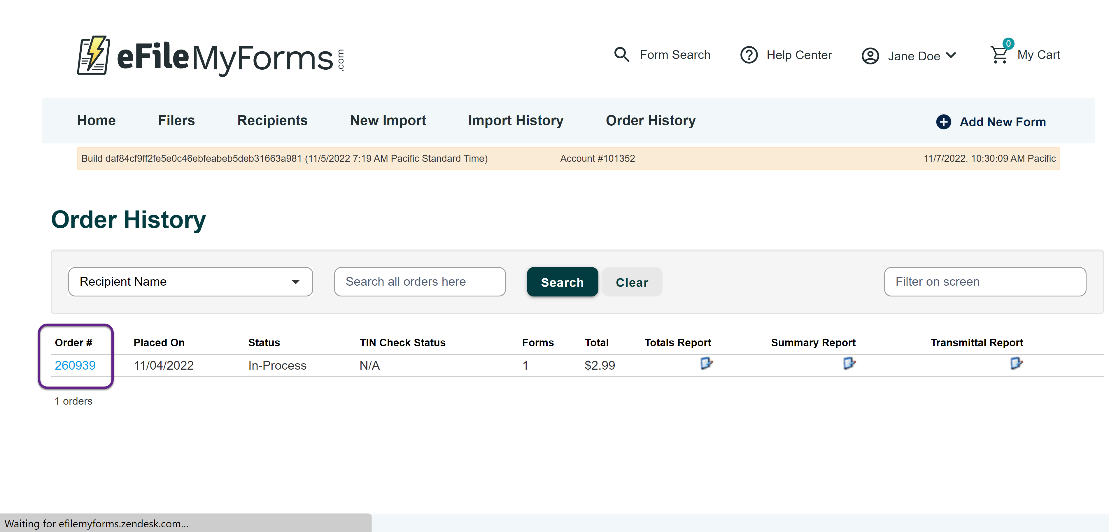 Image of the Order History page with a callout on the Order Number column.