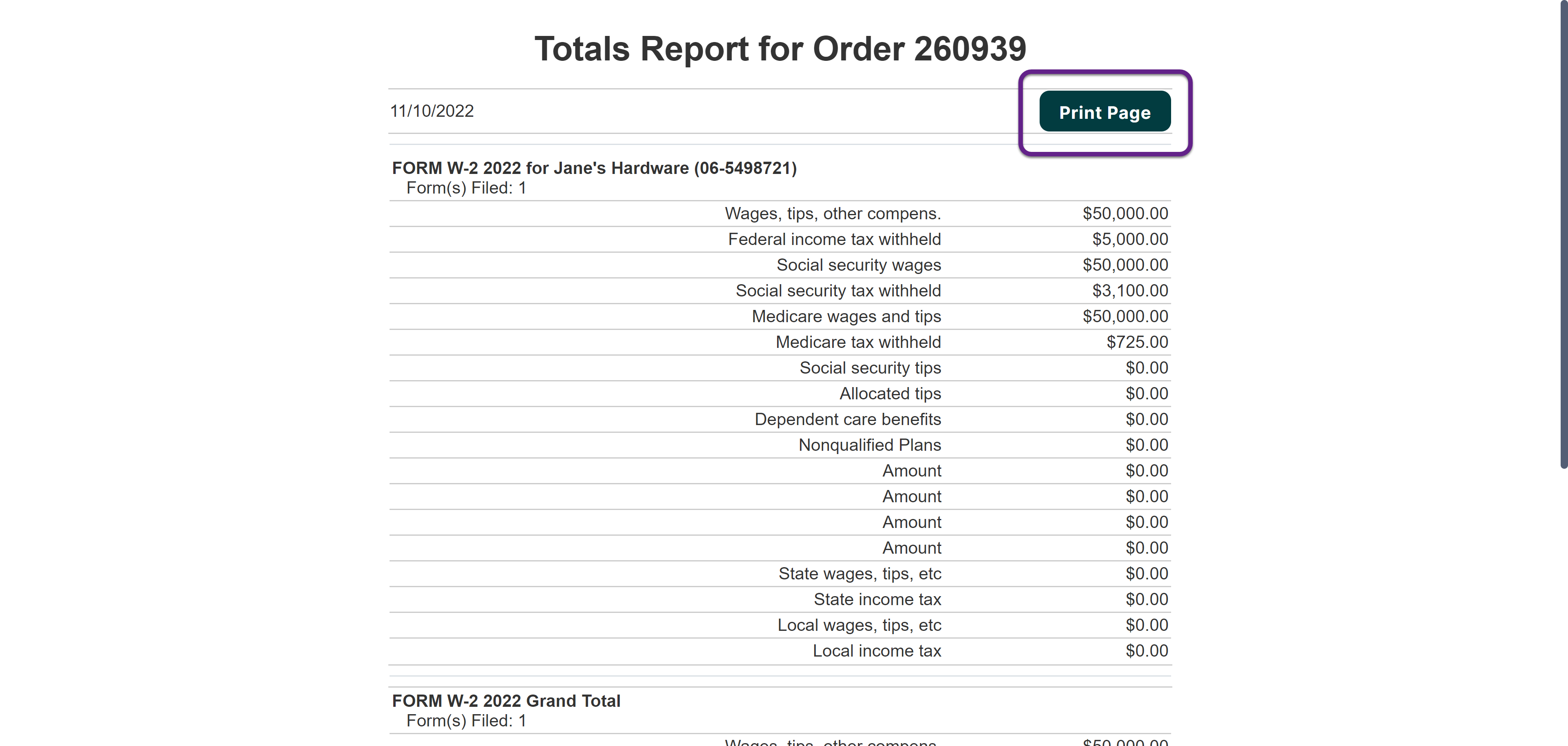 Image of a Totals Report form with a callout on the Print Page button.
