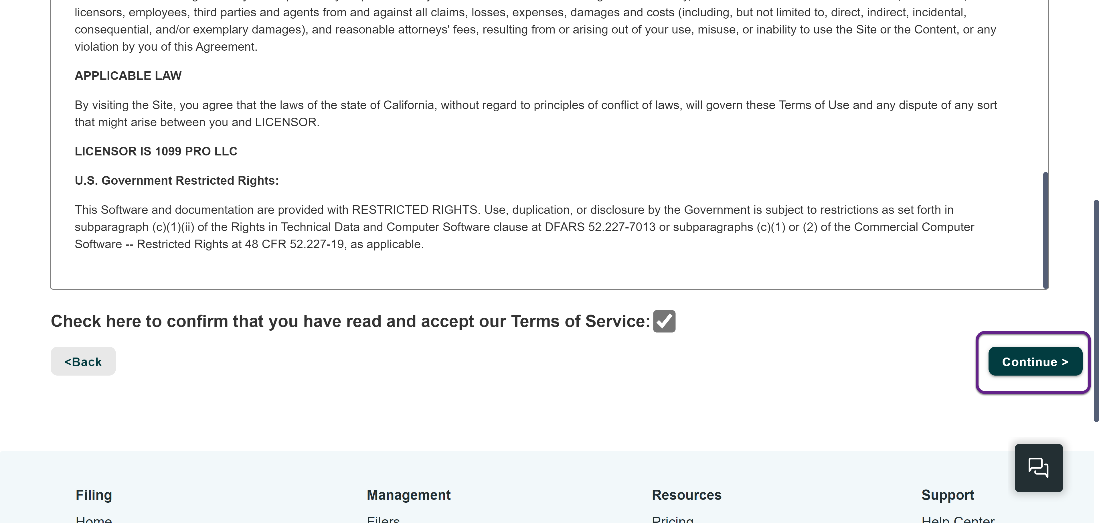 Image of the Terms of Service page with a callout on the Continue button.
