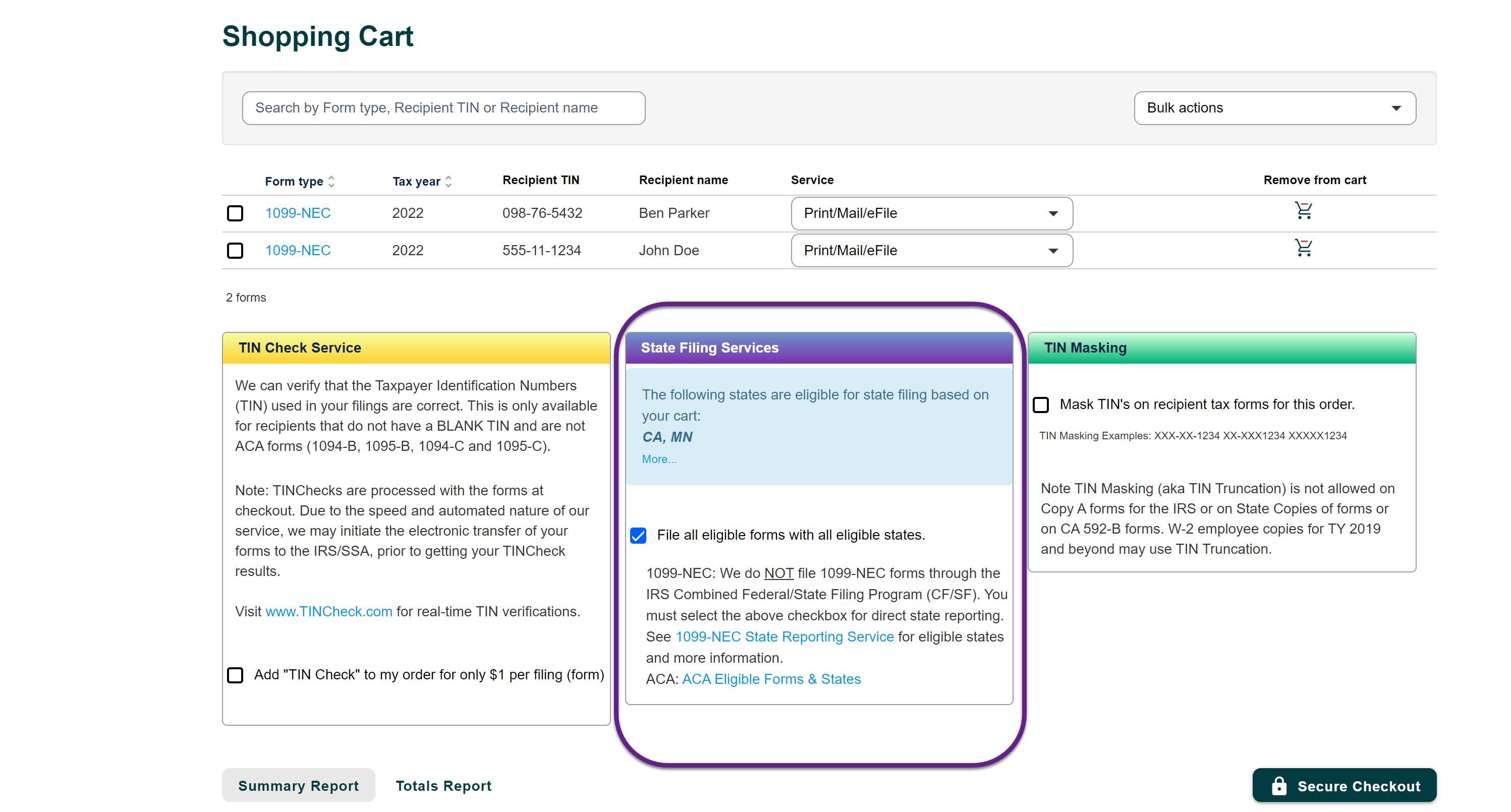Image of the Shopping Cart page with a callout on the State Filing Services box.