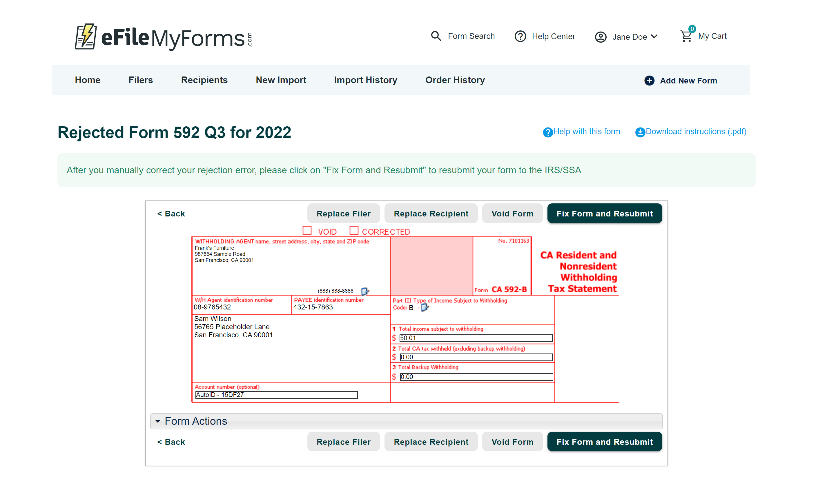 Image the Rejected Form page showing a previously filed form that has been rejected by the IRS/SSA.