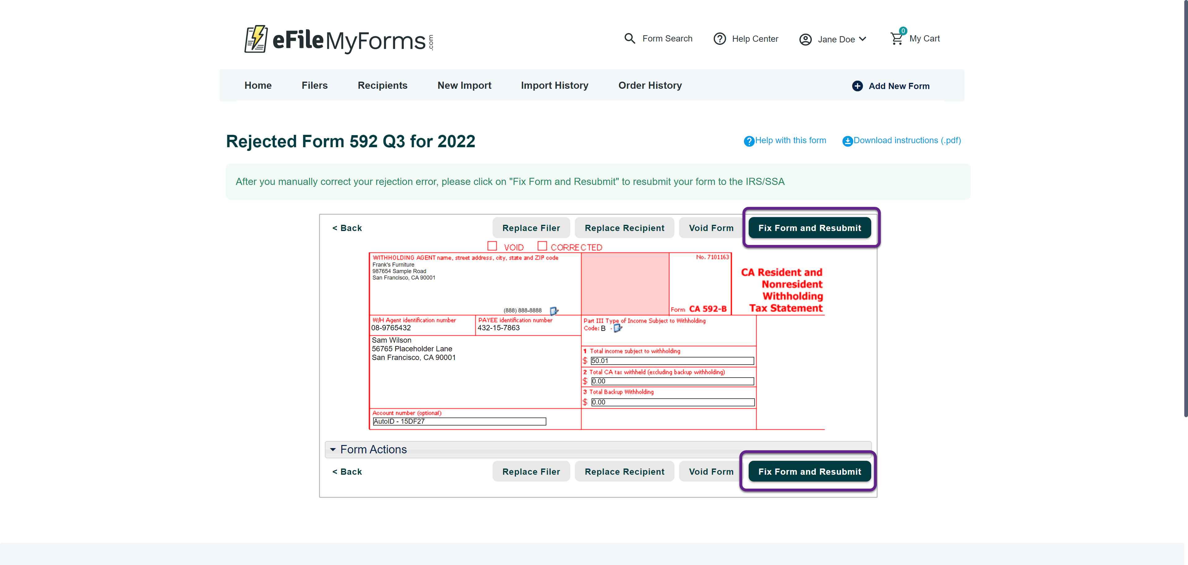 Image of the Rejected Form page with a callout on the Fix Form and Resubmit button.