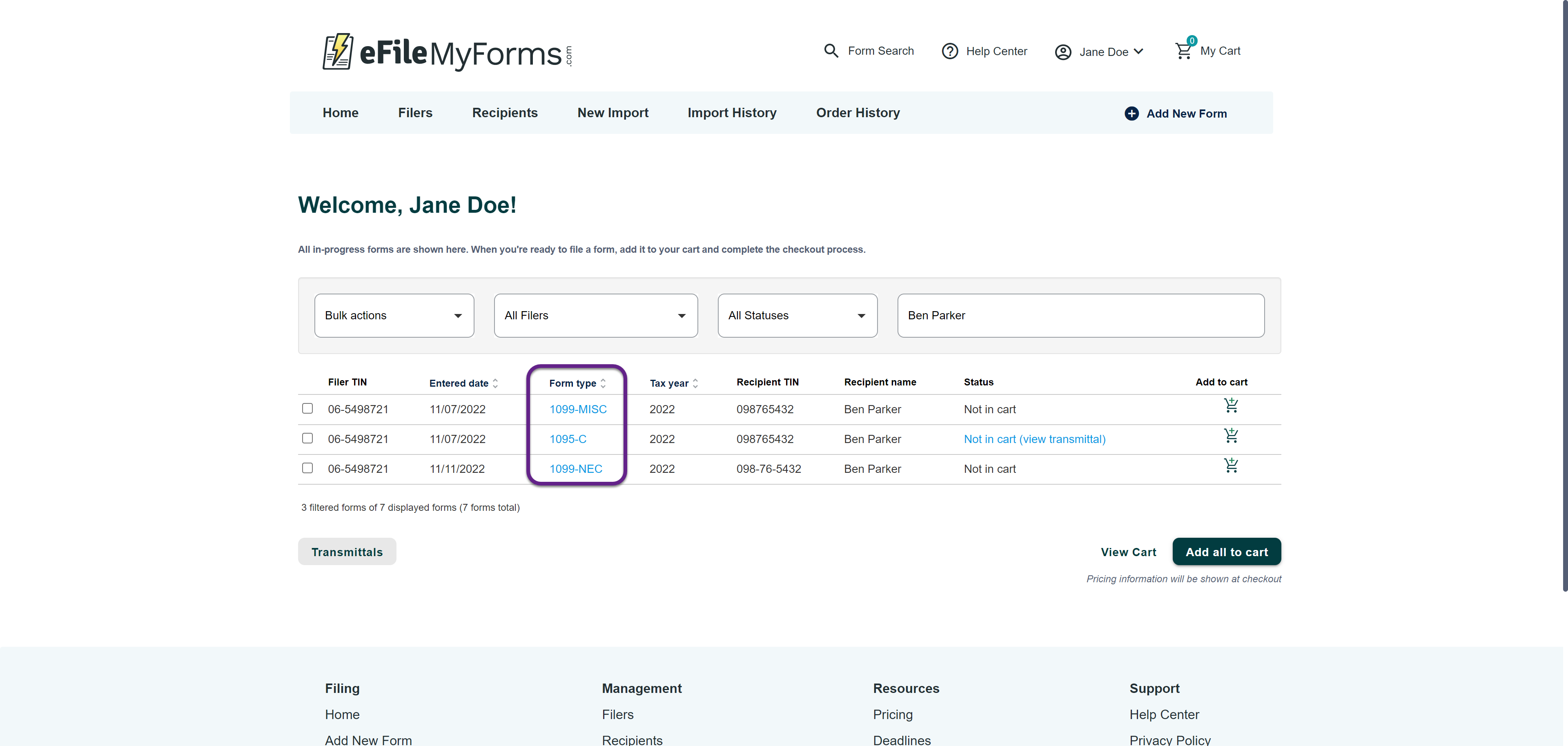 Image of the Home page with a callout on the Form Type column.