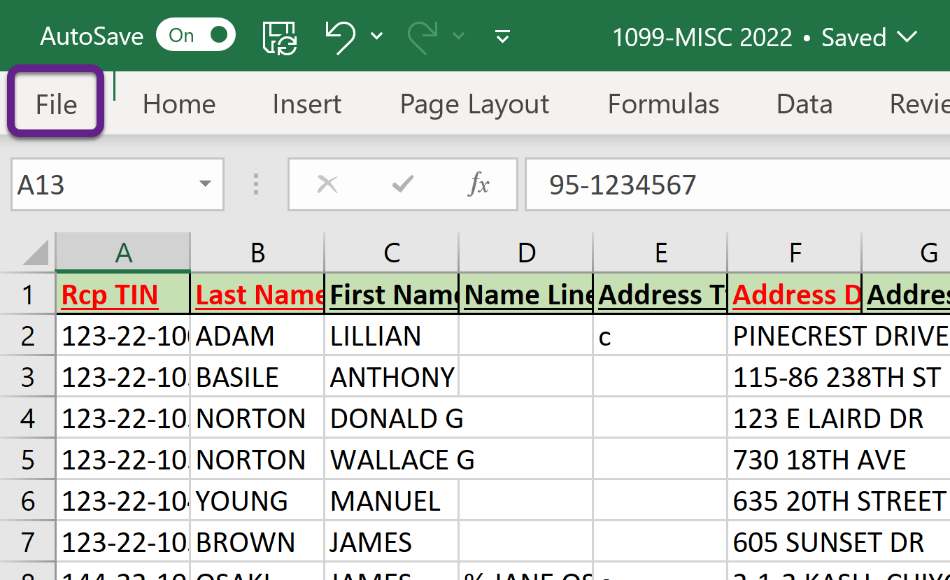 Image of an Excel sheet with a callout on the File button.