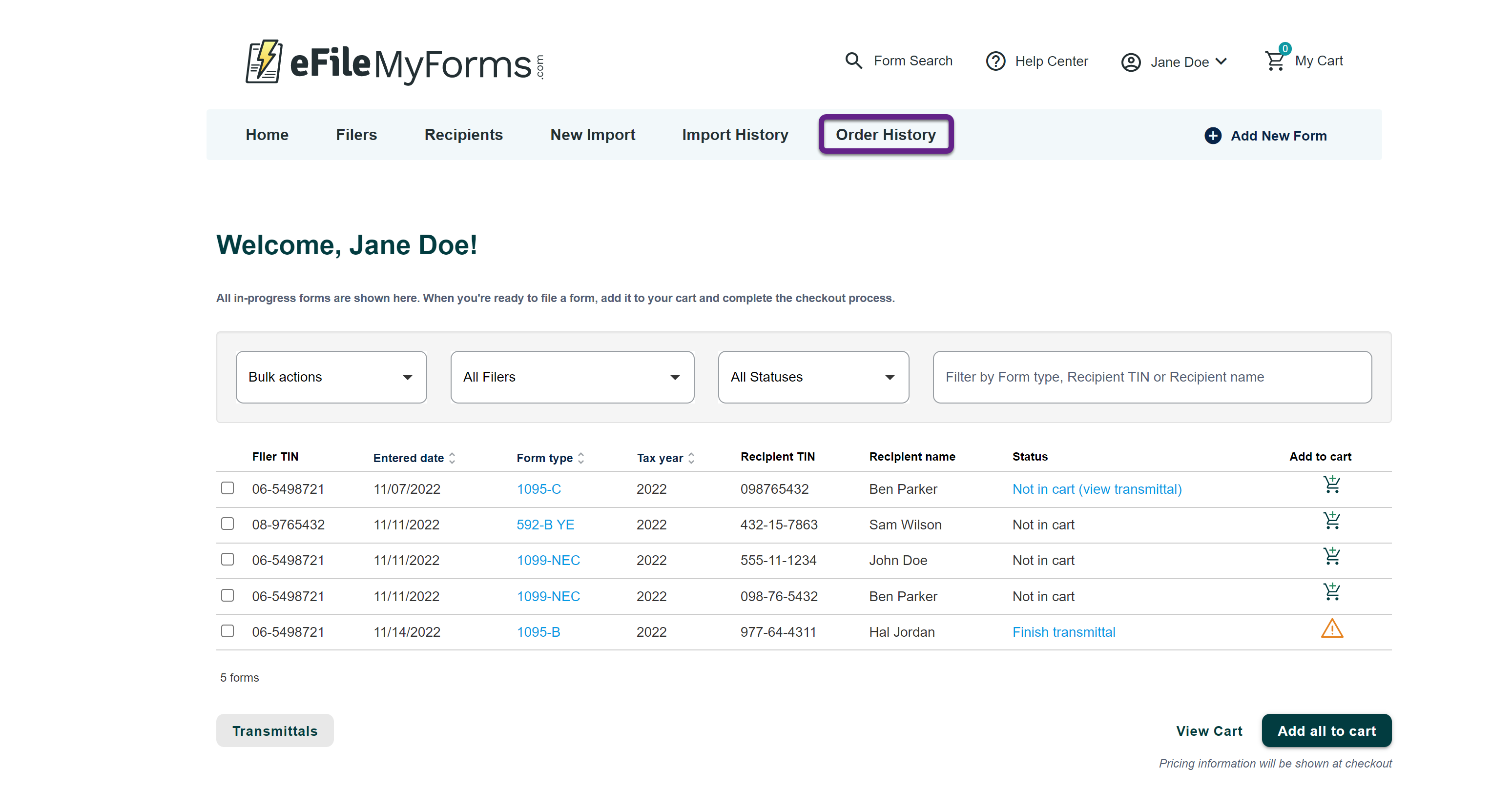 Image of the eFileMyForms Home page with a callout on the Order History page.