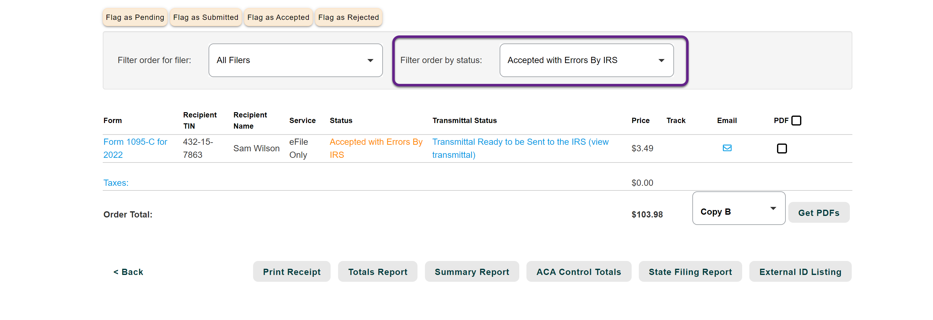 Image of the Order Details page with a callout on the Filer order by status tab.