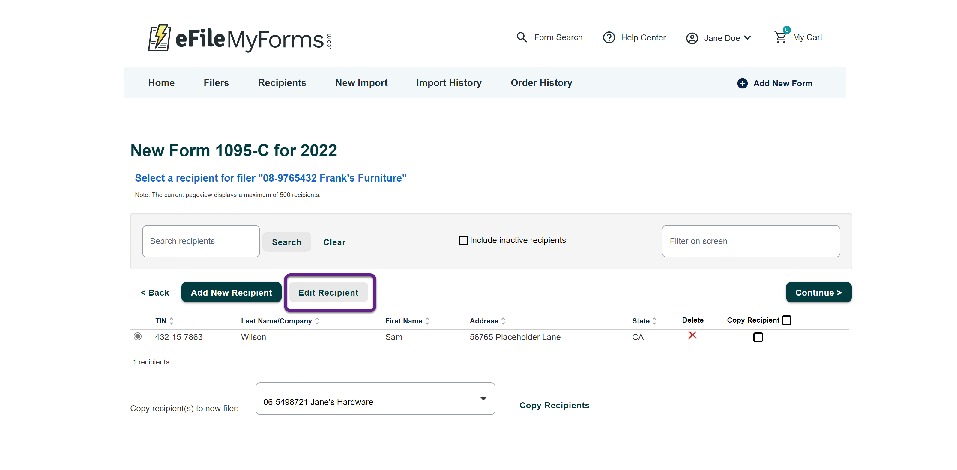 Image of the New Form page with a callout on the Edit Recipient button.