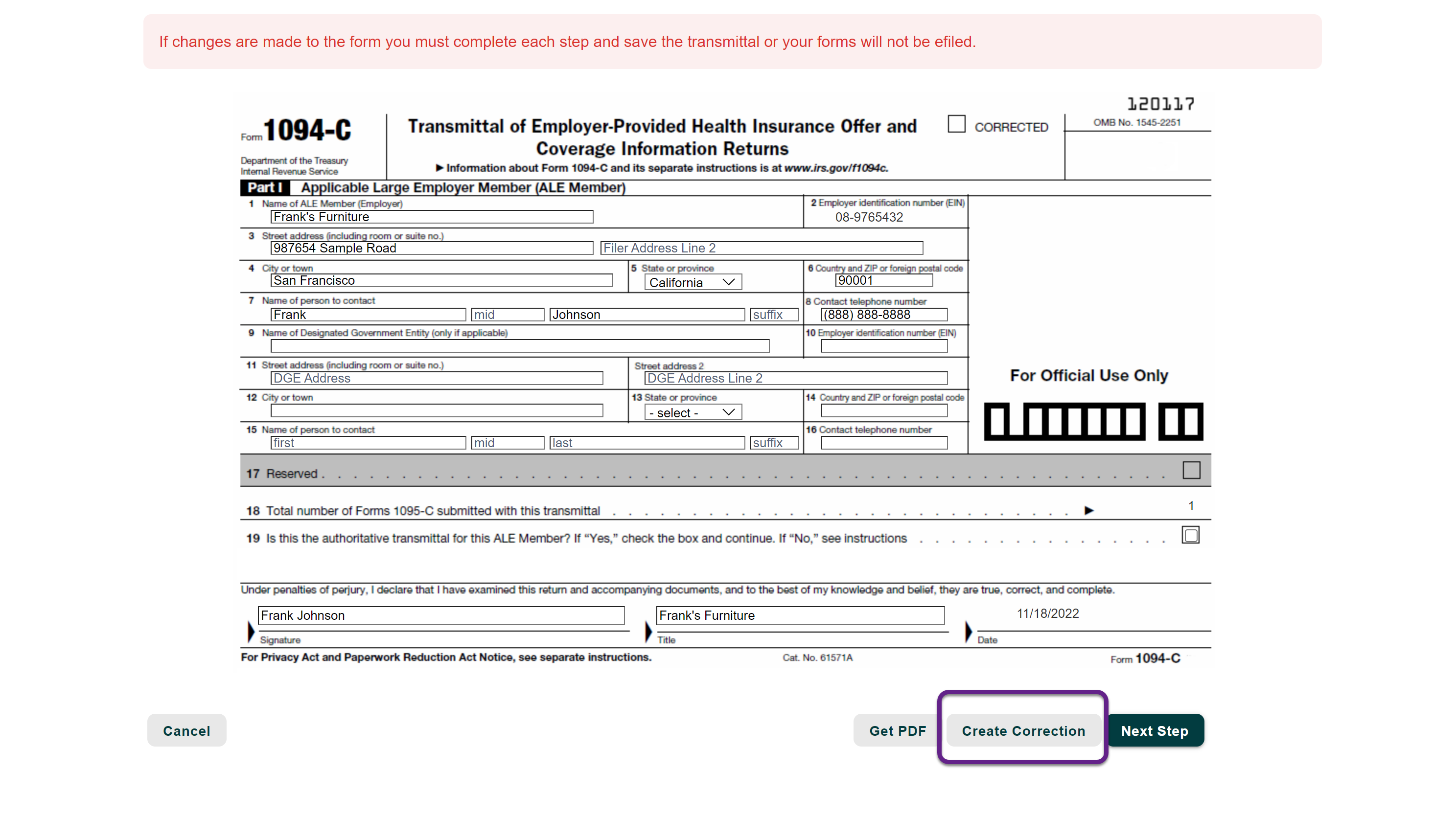 Image of an example 1094-C correction form with a callout on the Create Correction button.