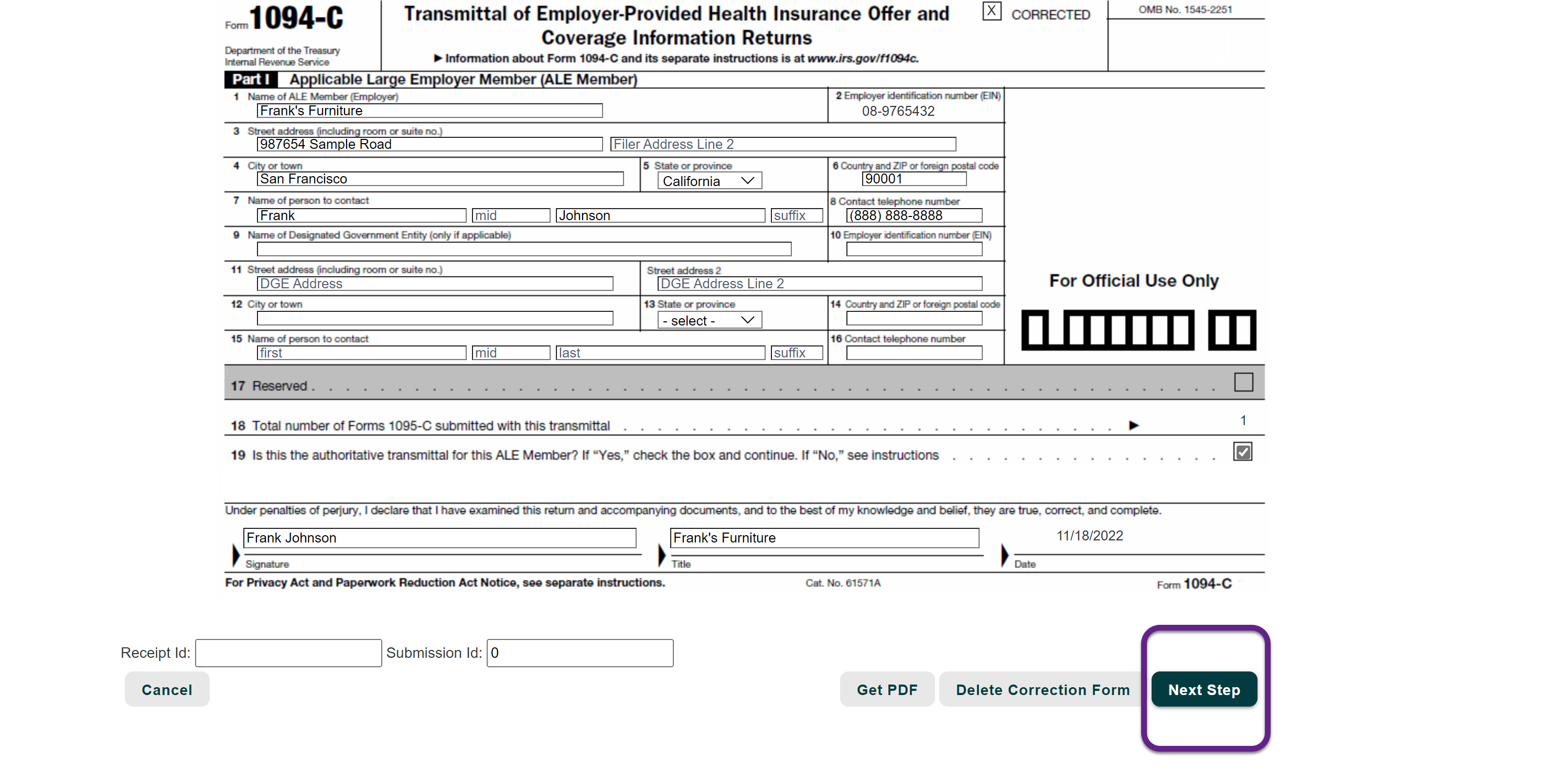 Image of an example 1094-C Authoritative Transmittal form with a callout on the Next Step button.