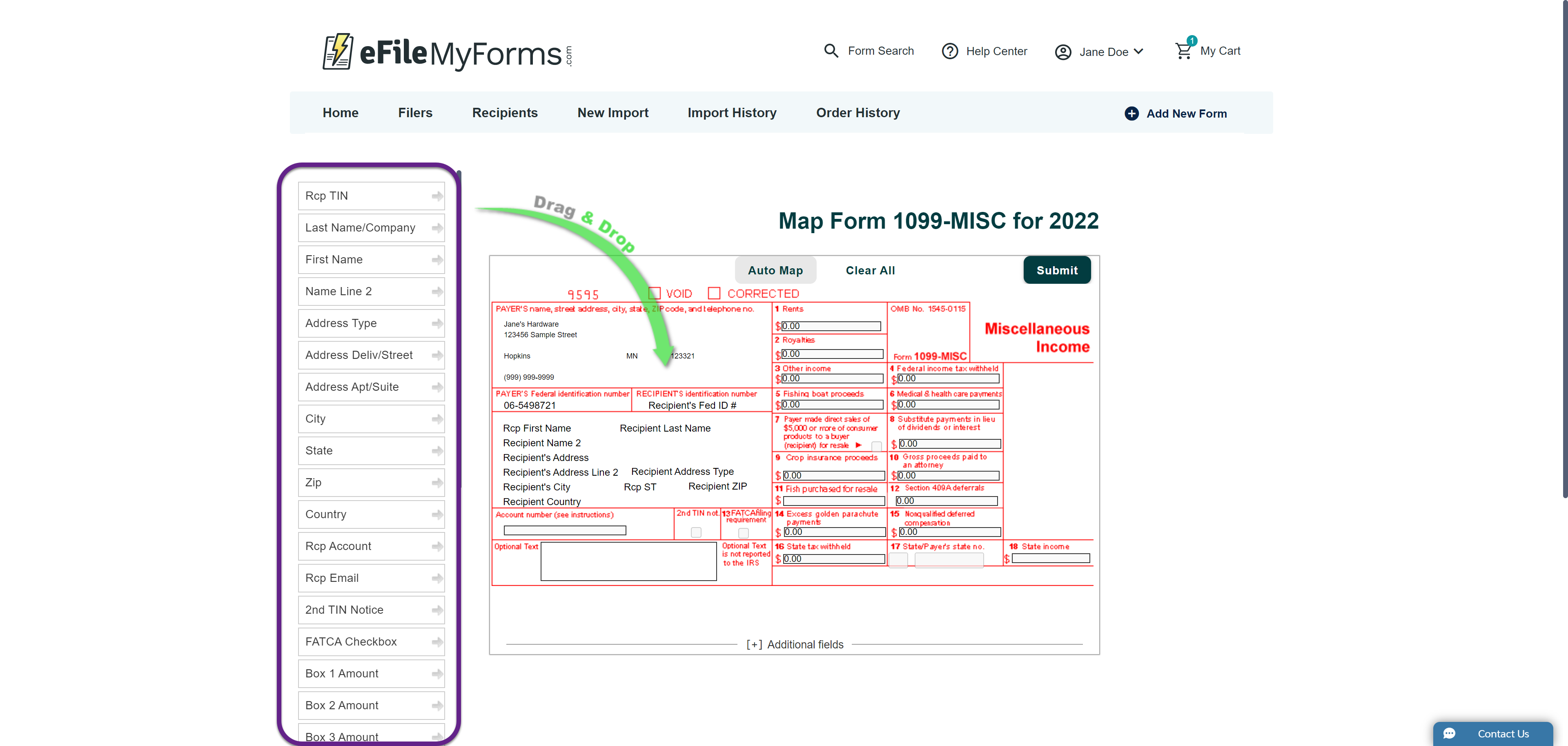 Image of the eFileMyForms form mapping page with a callout on the column headers imported from the sample Excel sheet.