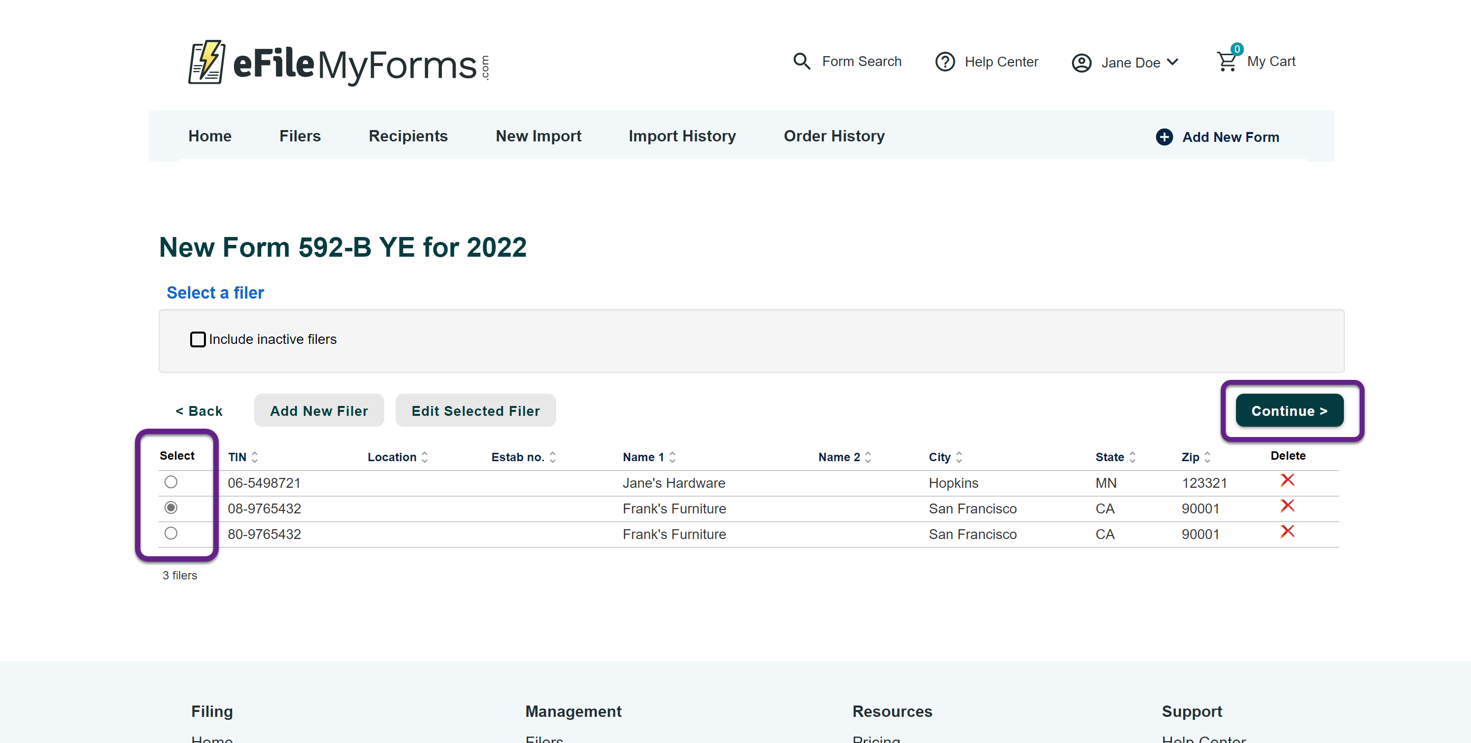 Image of the New Form page with callouts on the Select column and Continue button.