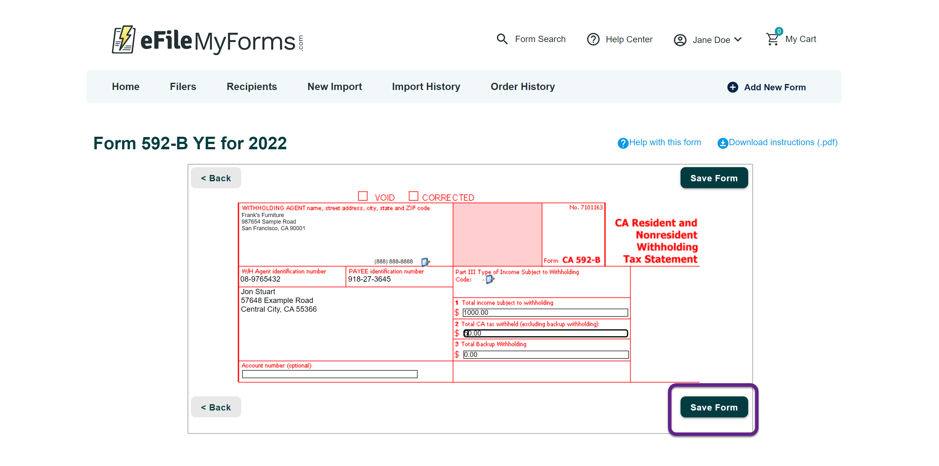 Image of an example 592-B YE form with a callout on the Save Form button.