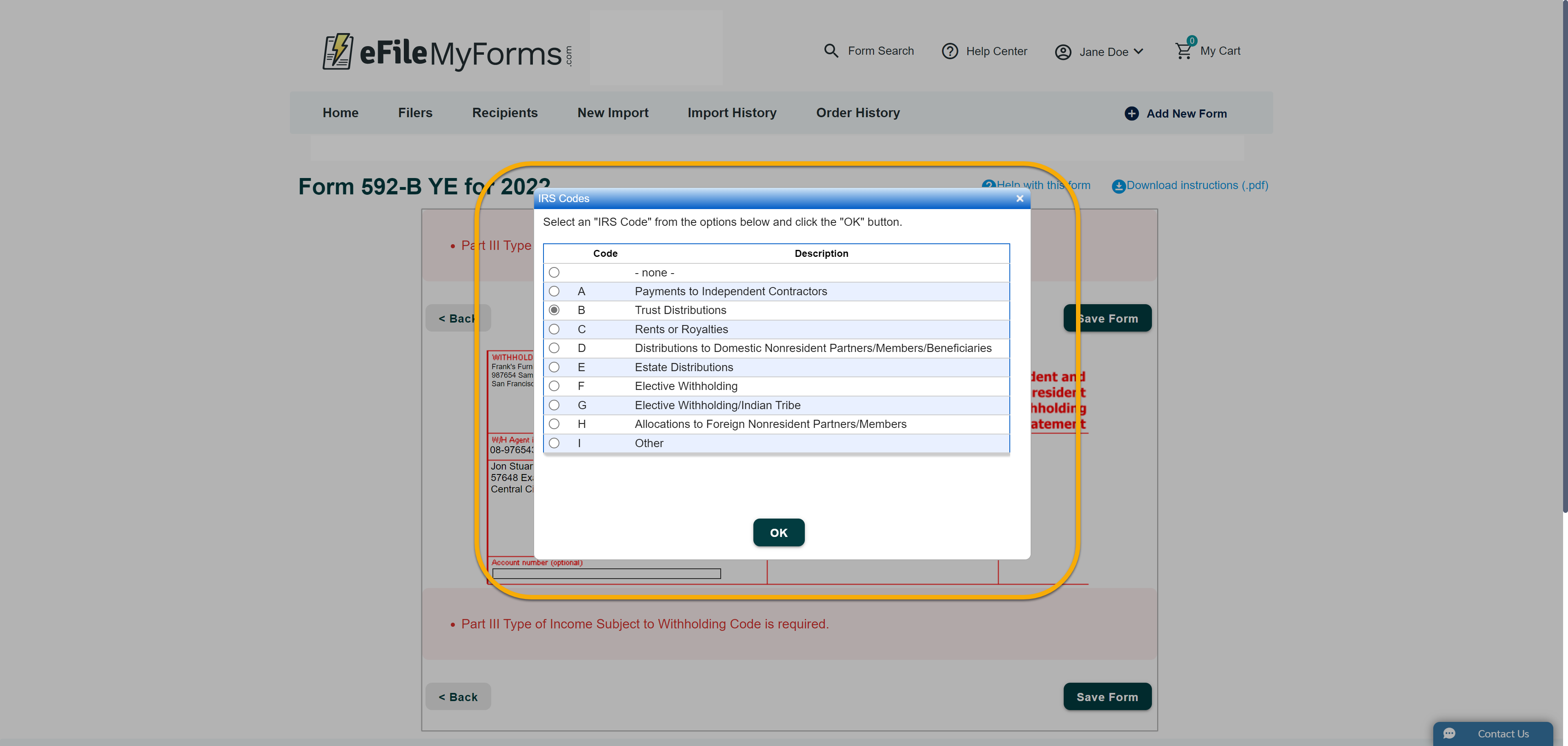 Image of an example 592-B YE form with a callout on the Part III pop-up window.