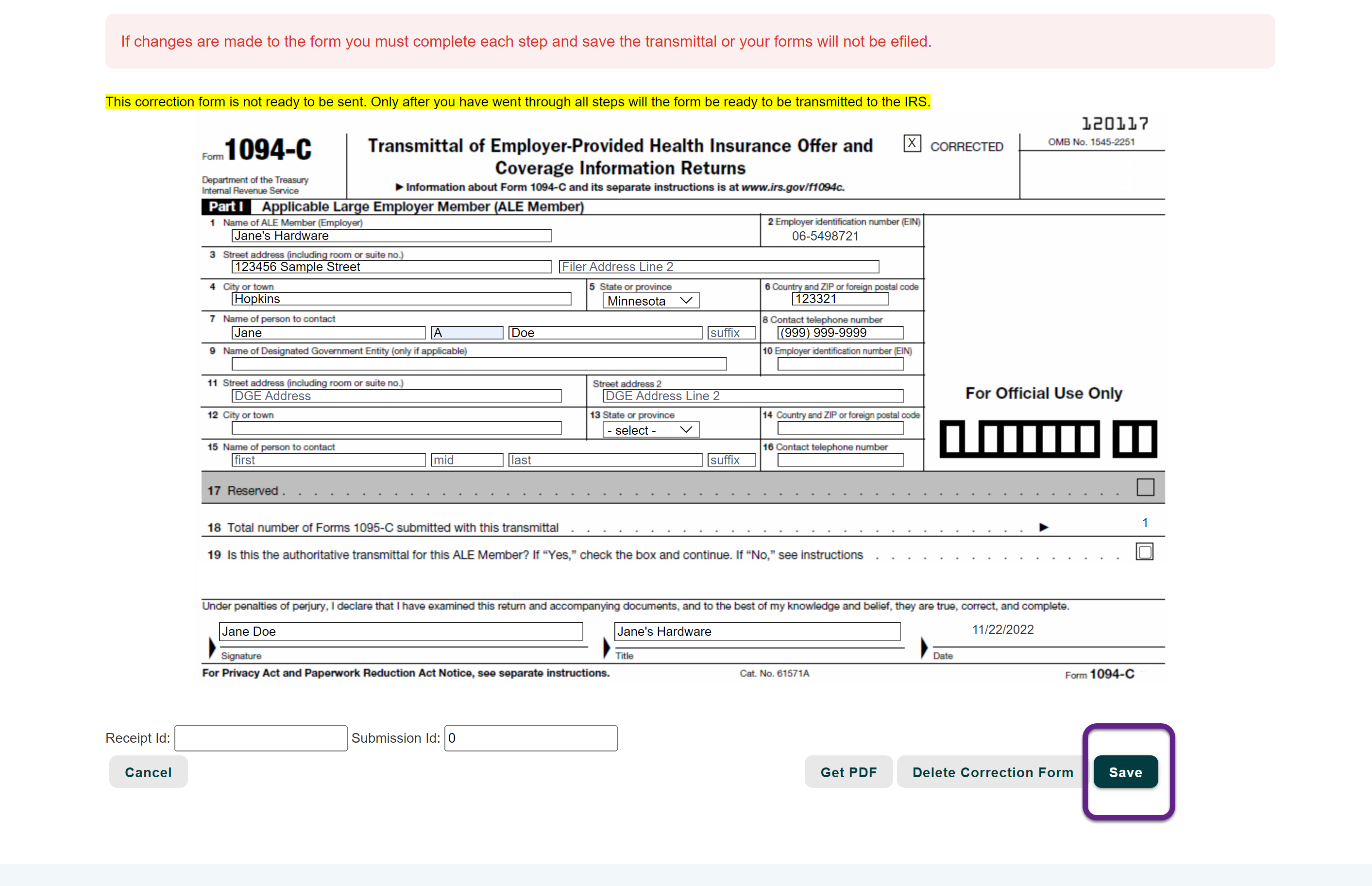 Image of a 1094-C form with a callout on the Save button.