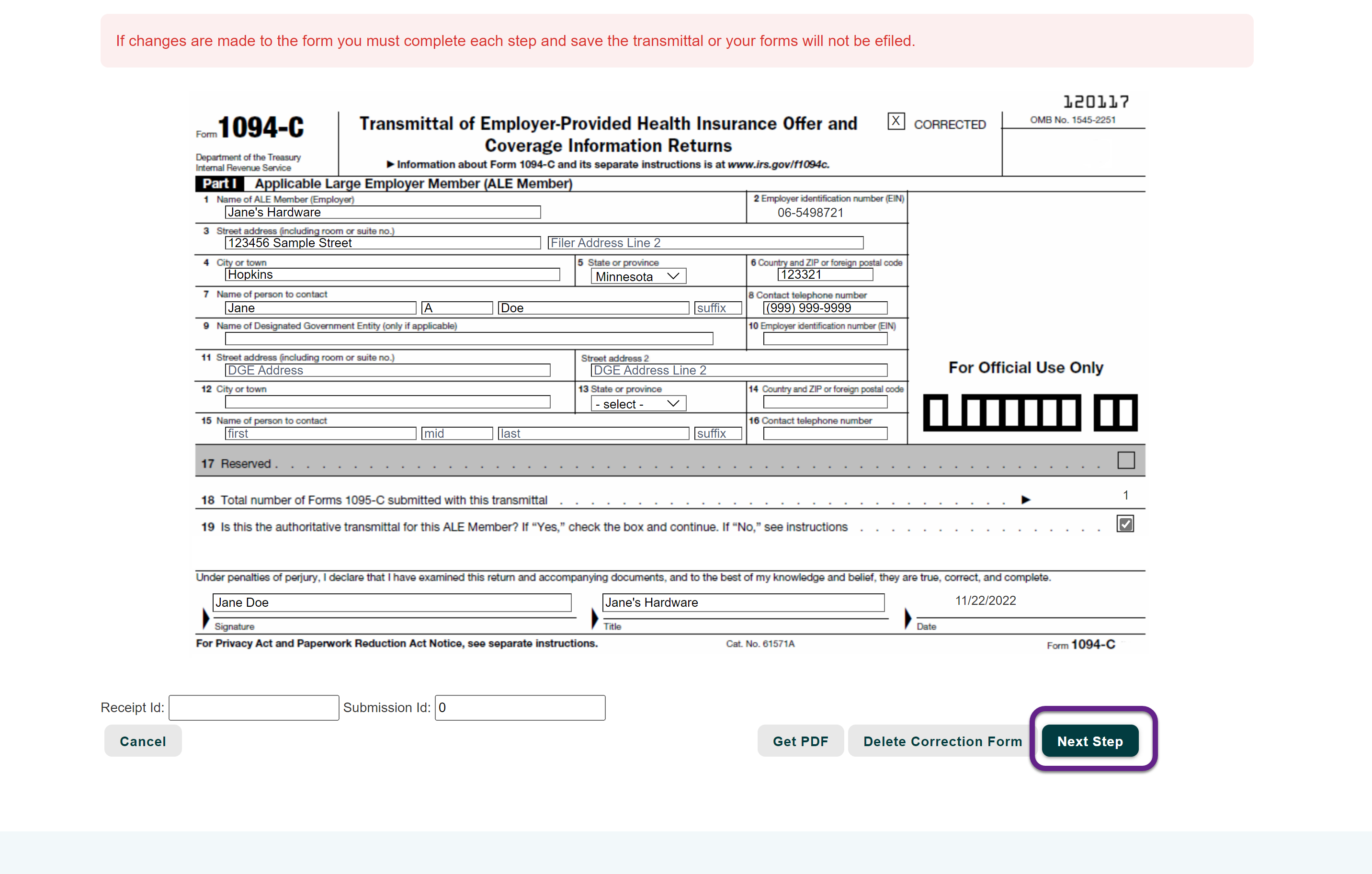 Image of a 1094-C form with a callout on the Next Step button.