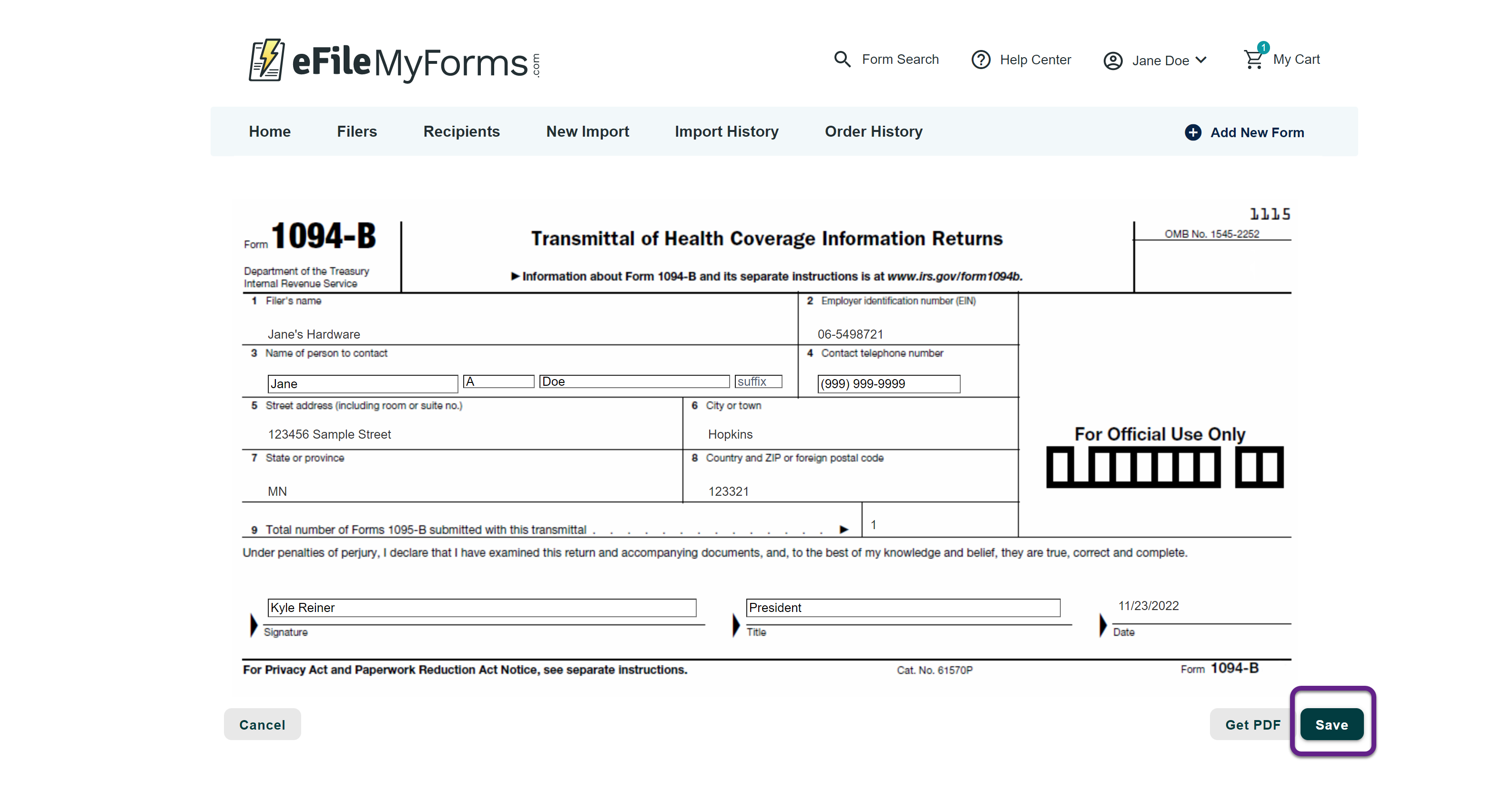 Image of a 1094-B form with a callout on the Save button.