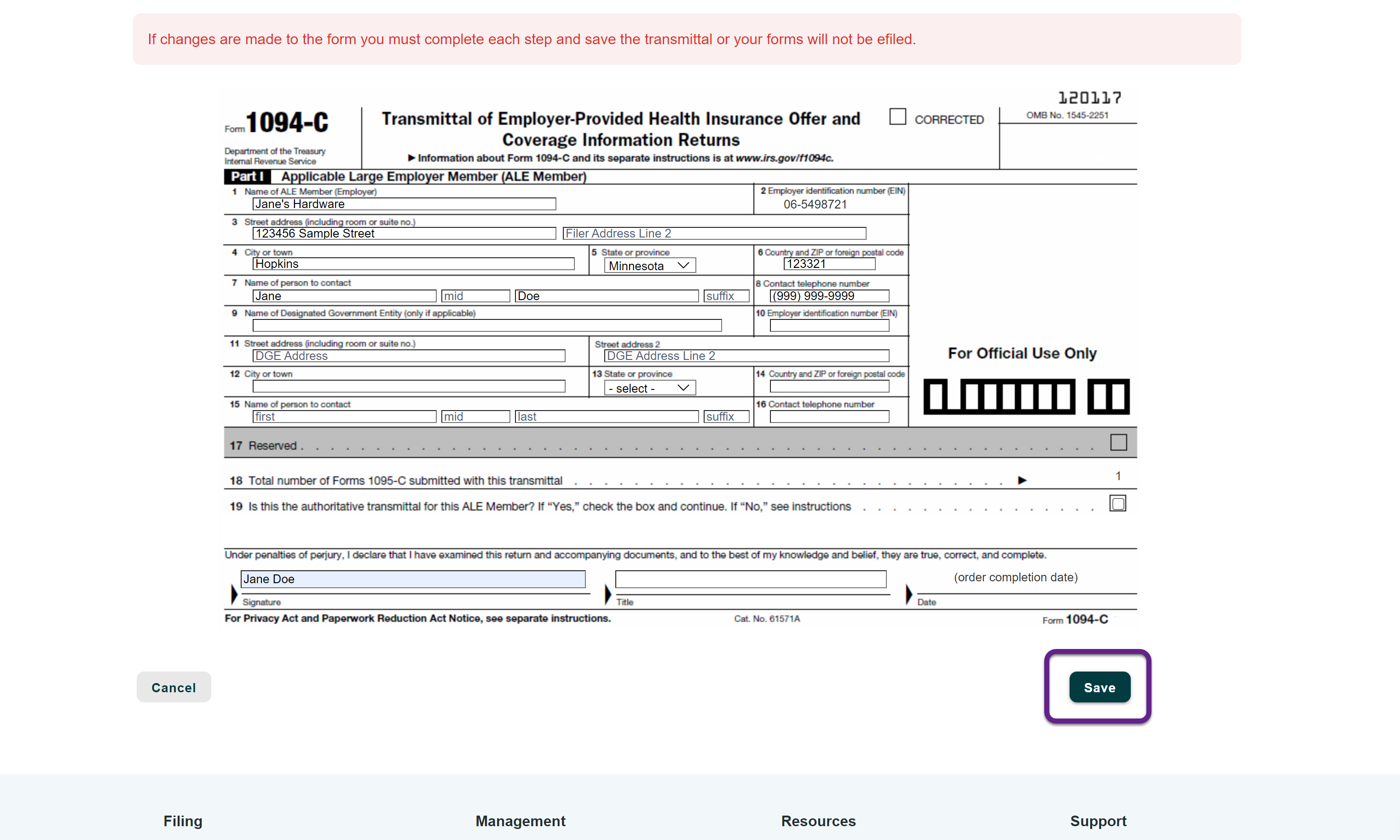 Image of a 1094-C form with a callout on the Save button.