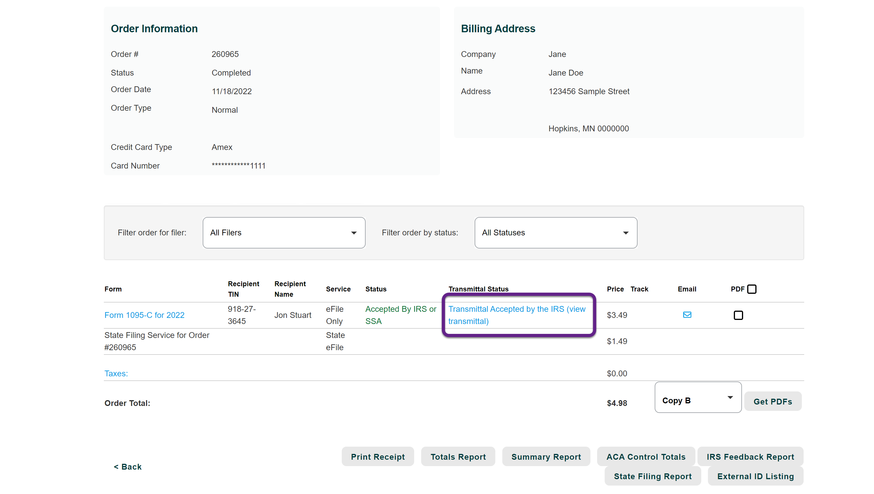 Image of the Order Details page with a callout on the transmittal status column.