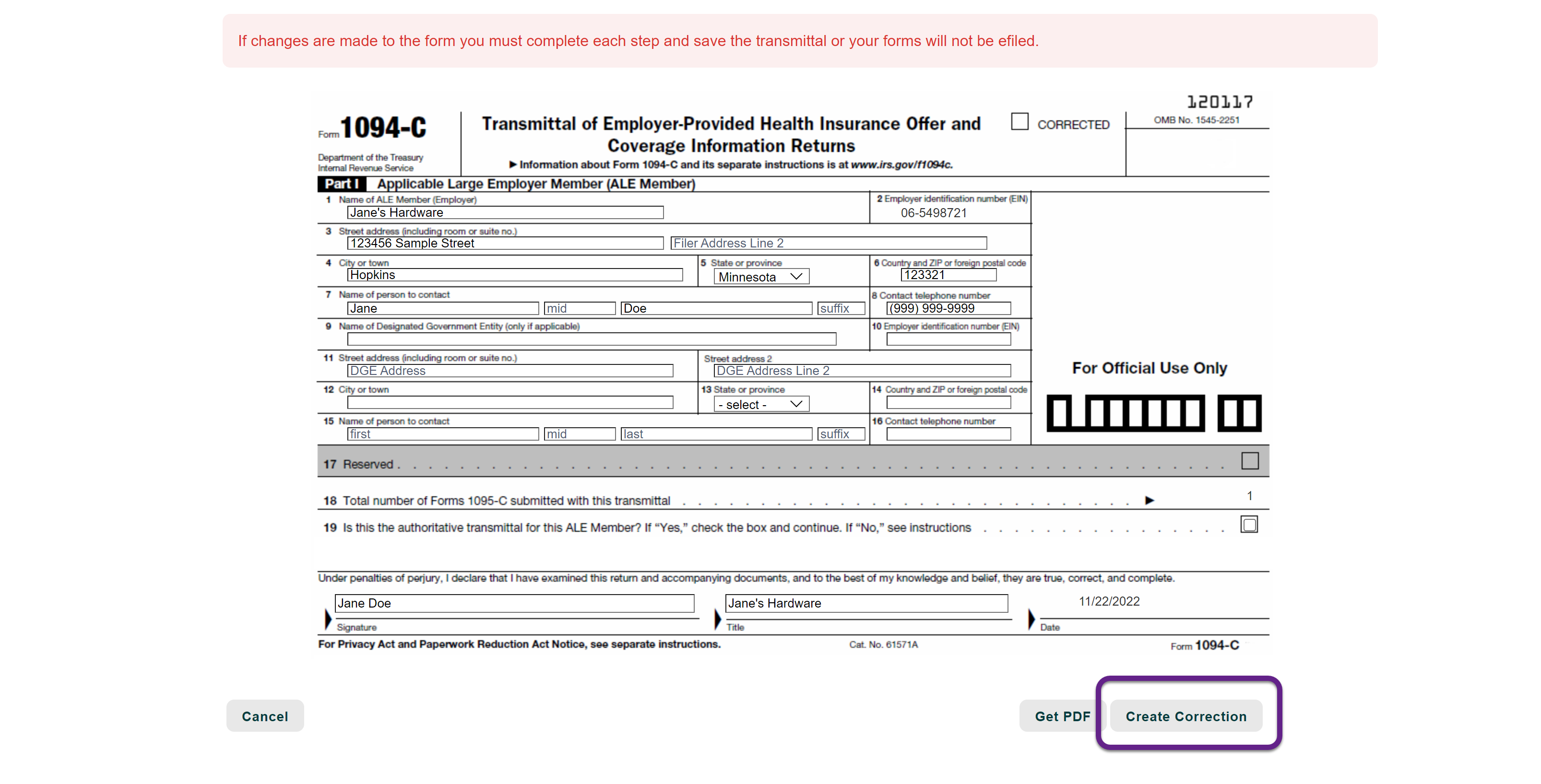 Image of a 1094-C form with a callout on the Create Correction button.