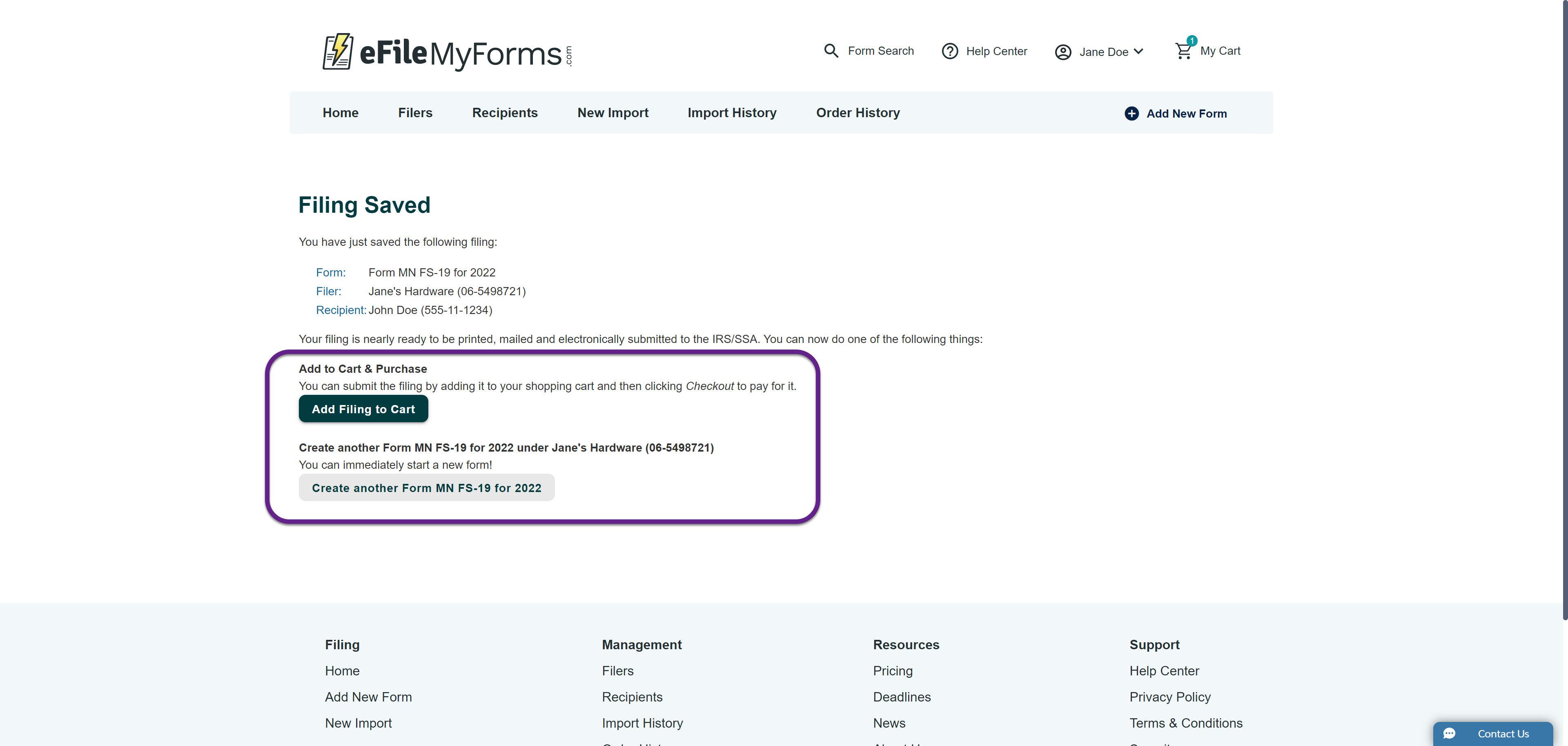 Image of the Filing Saved page with a callout on the Add Filing to Cart button and Create another Form button.