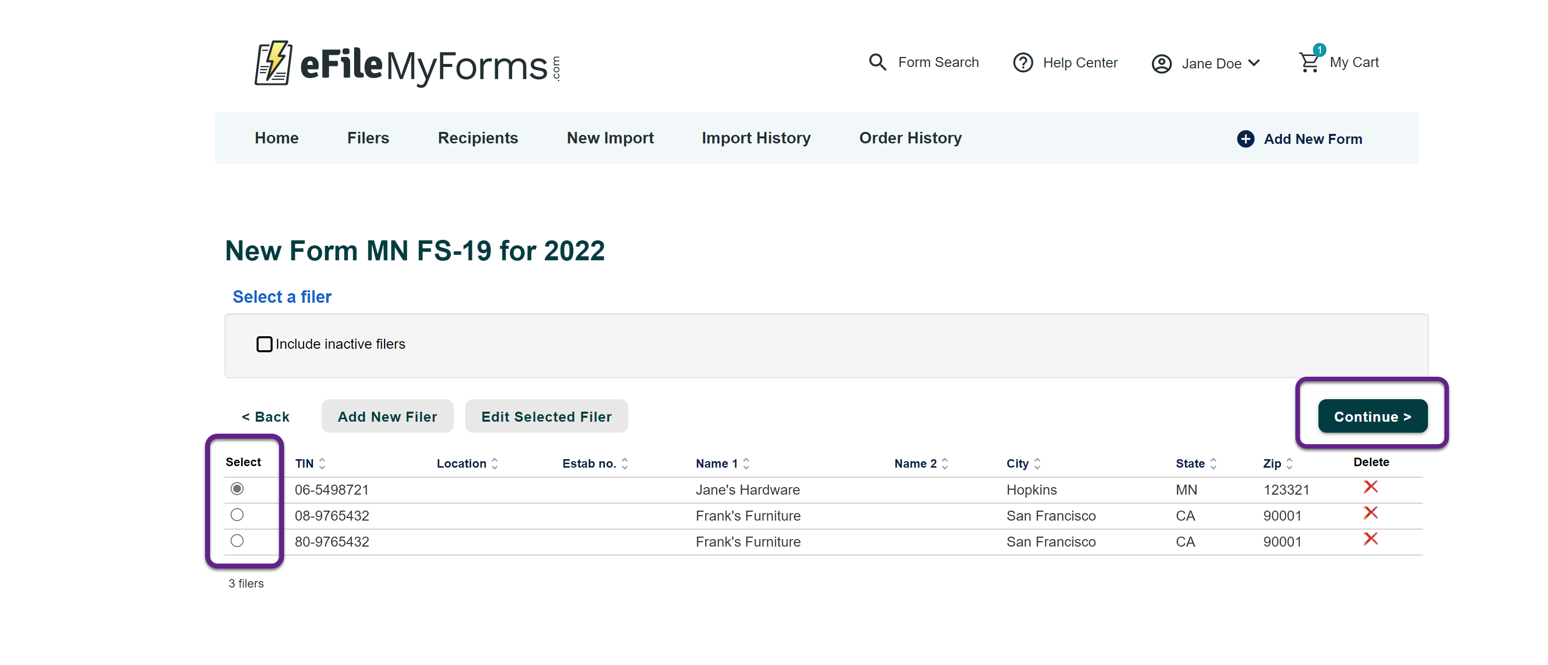 Image of the New Form page with a callout on the filer Select column.