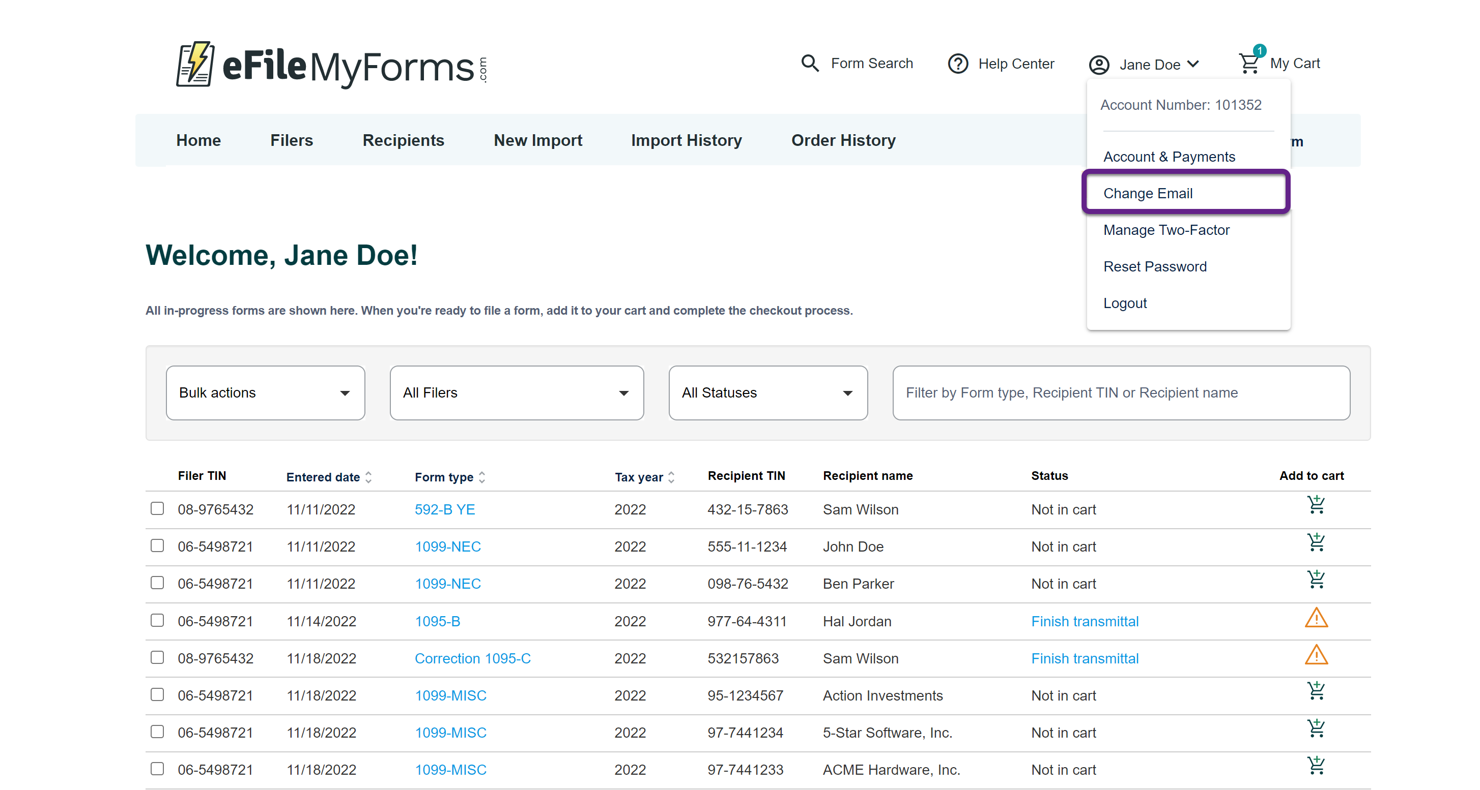 Image of the Account drop down menu with a callout on the Change Email button.