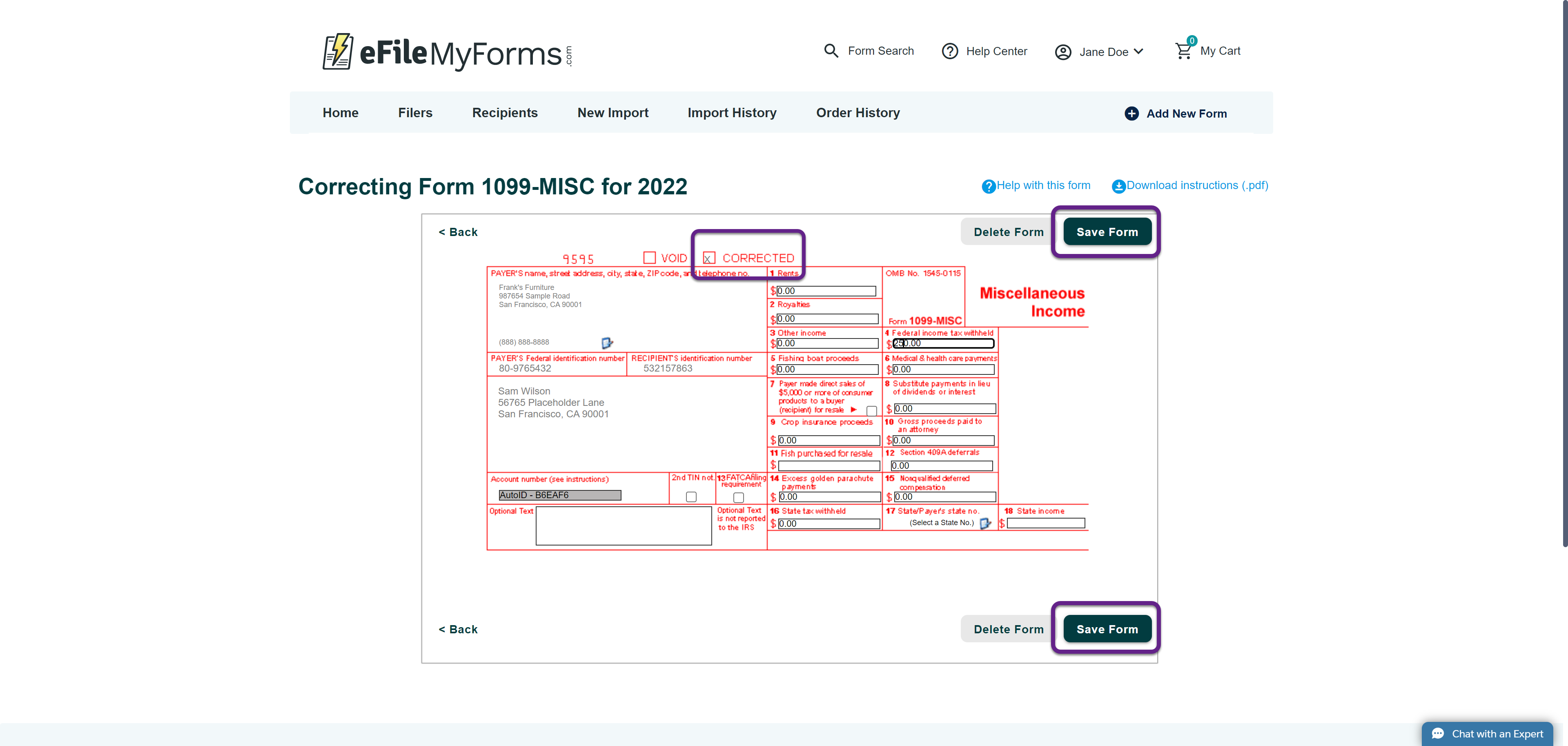 Image of an example of a 1099-MISC correction form with a callout on the Save Form button and the Corrected box.
