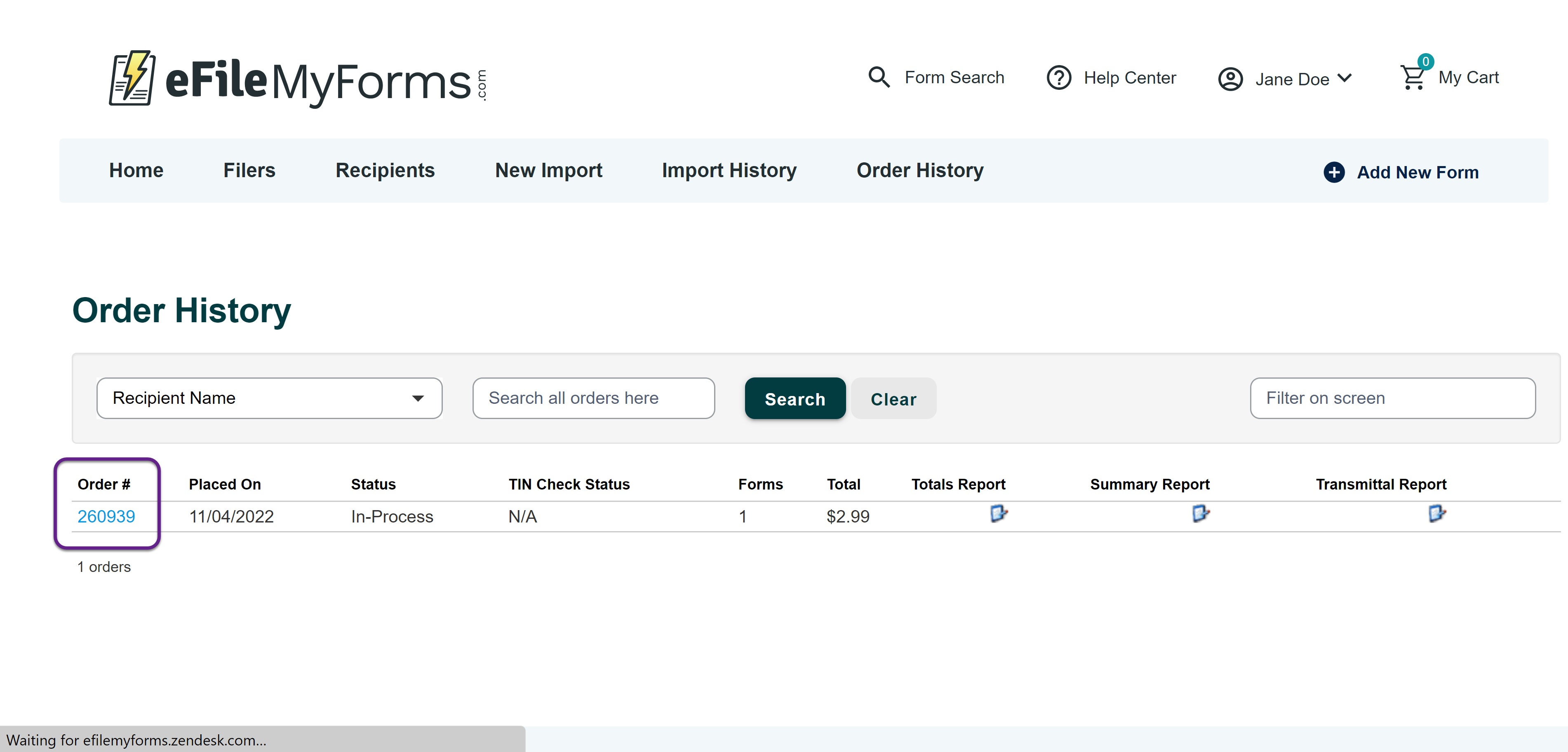 Image of the Order History page with a callout on the order number column.
