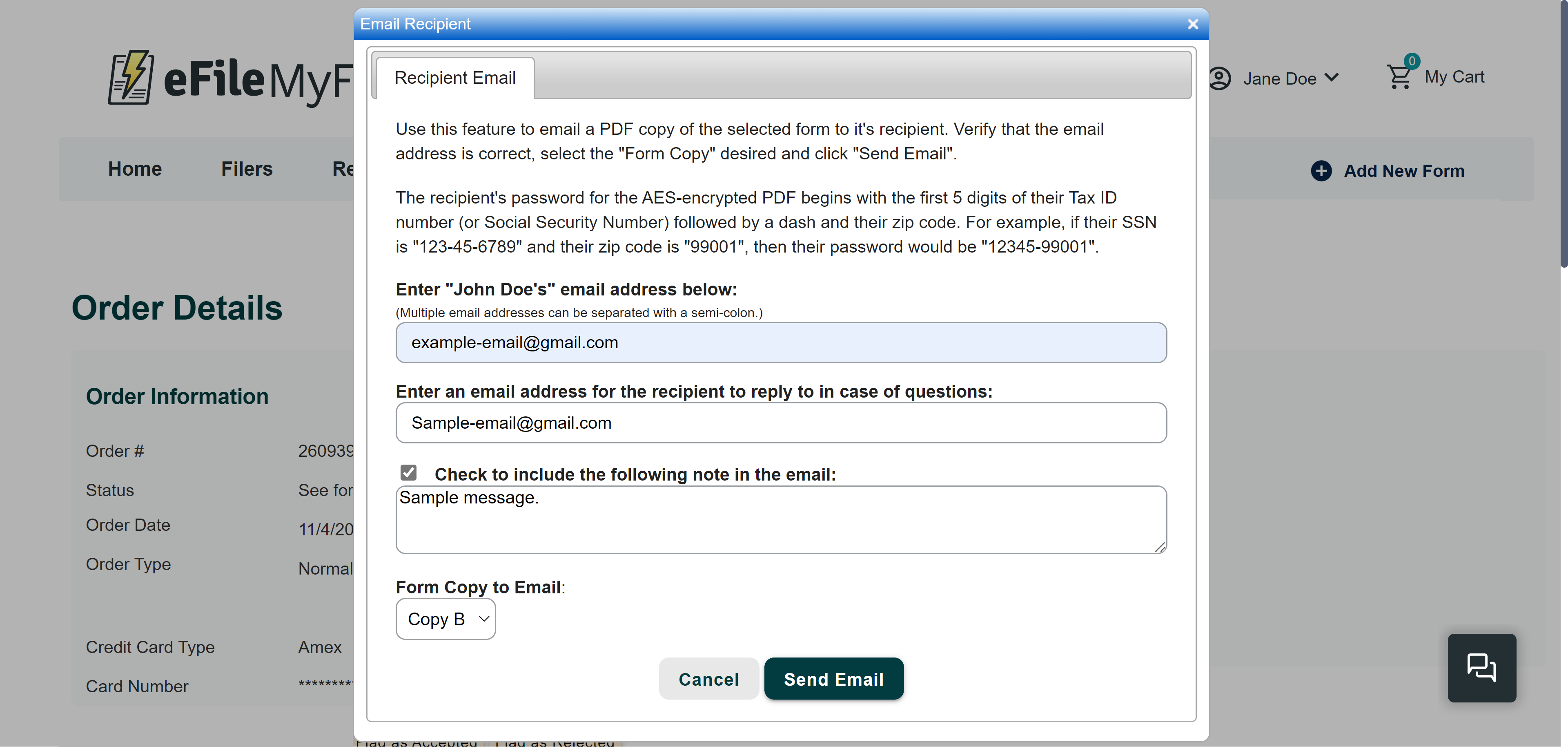 Image of the Email Recipient window.