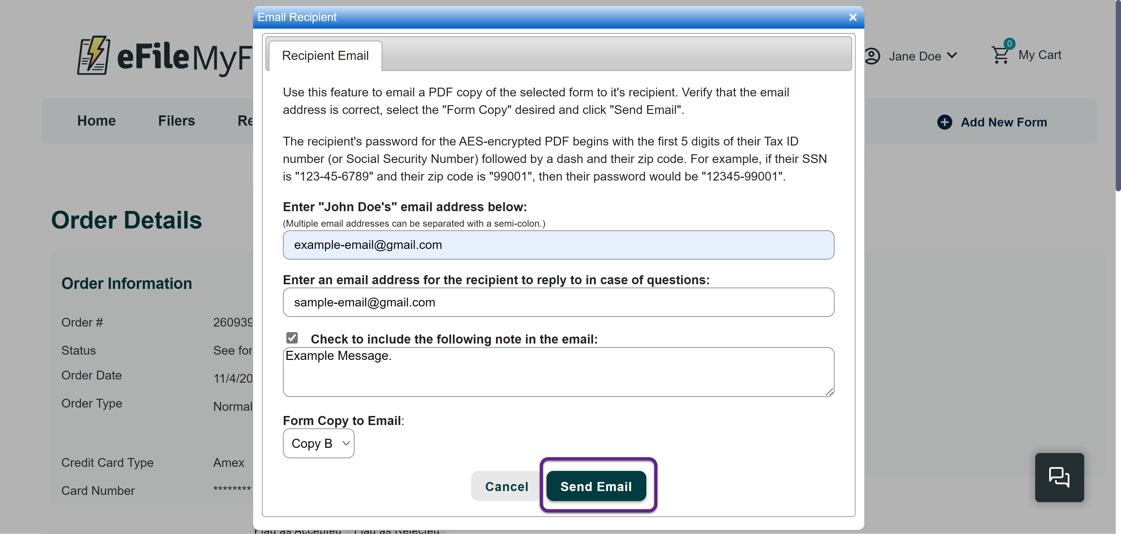 Image of the Email Recipient window with a callout on the Send Email button.