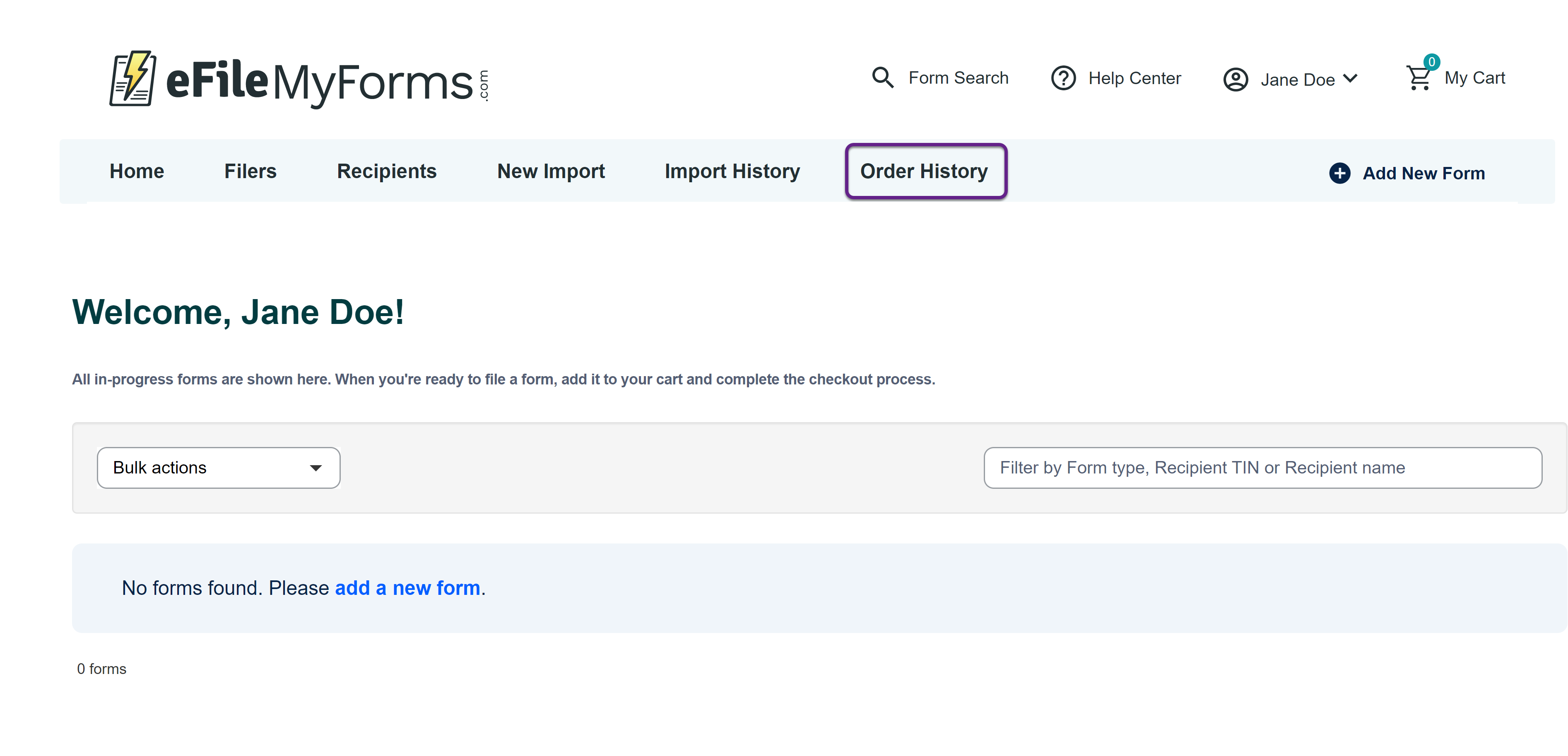 Image of the eFileMyForms home page with a callout on the Order History tab.