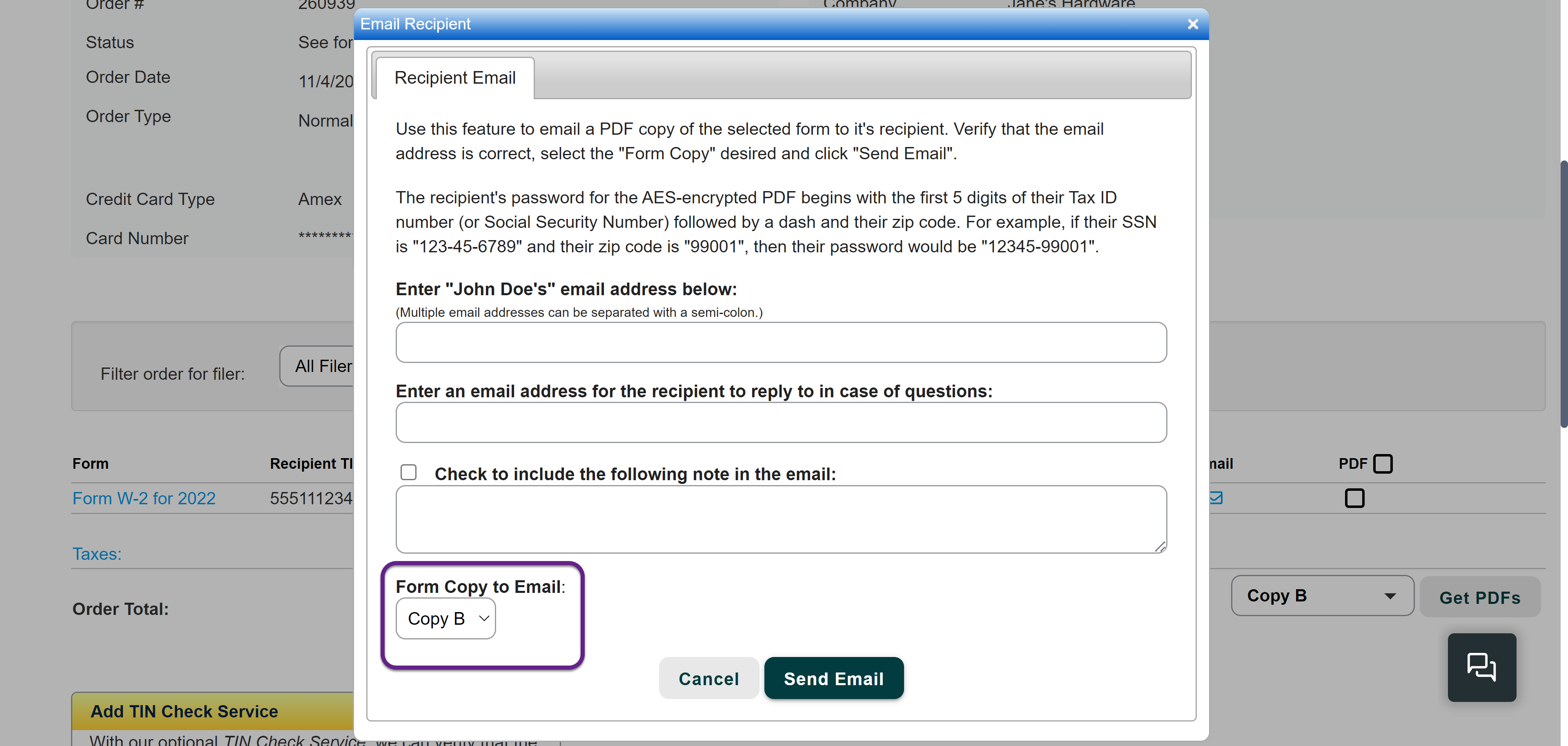 Image of the Email Recipient window with a callout on the From Copy to Email button.