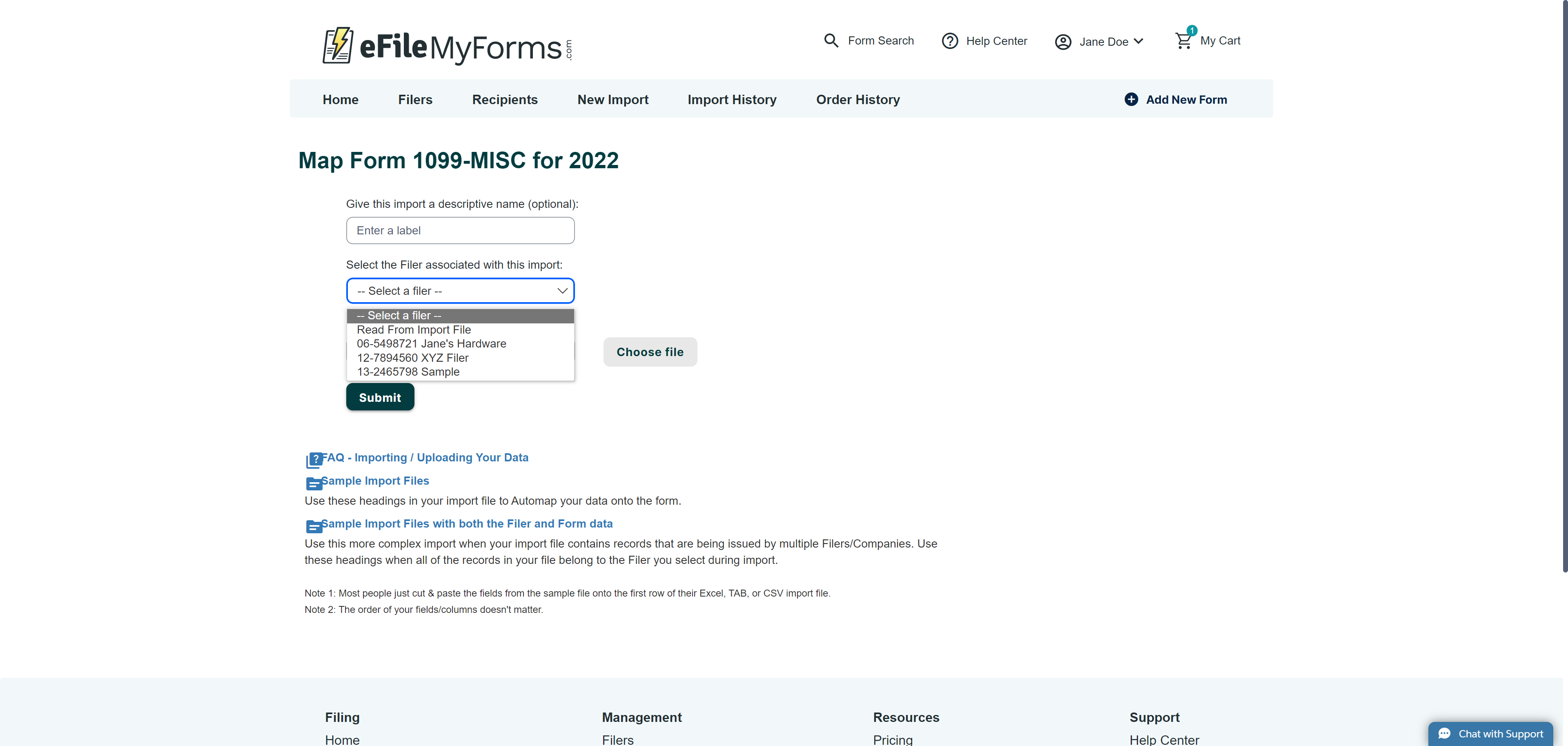 Image of the Map Form page with a callout on a list of available filers.