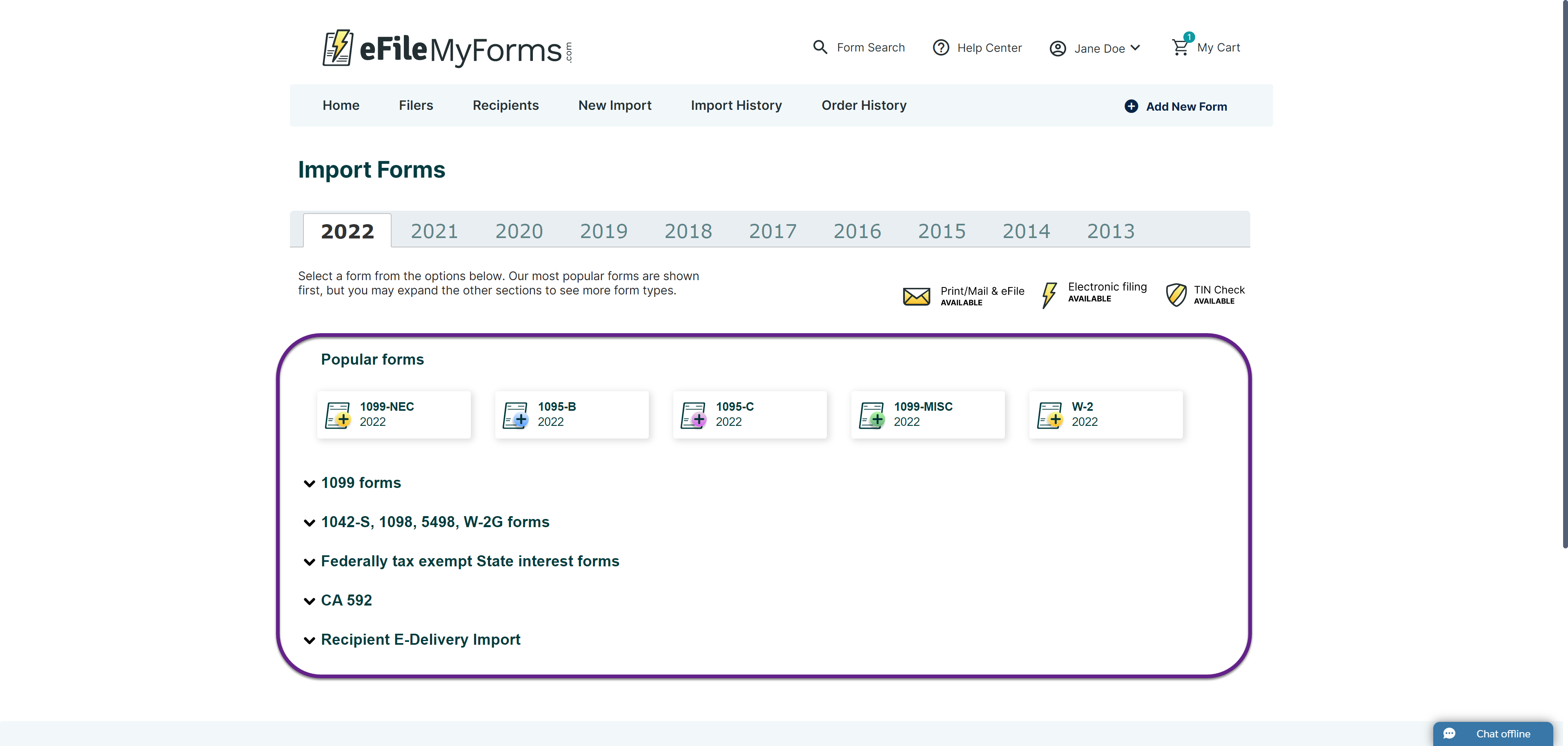 Image of the Import Forms screen with a callout on the form types.